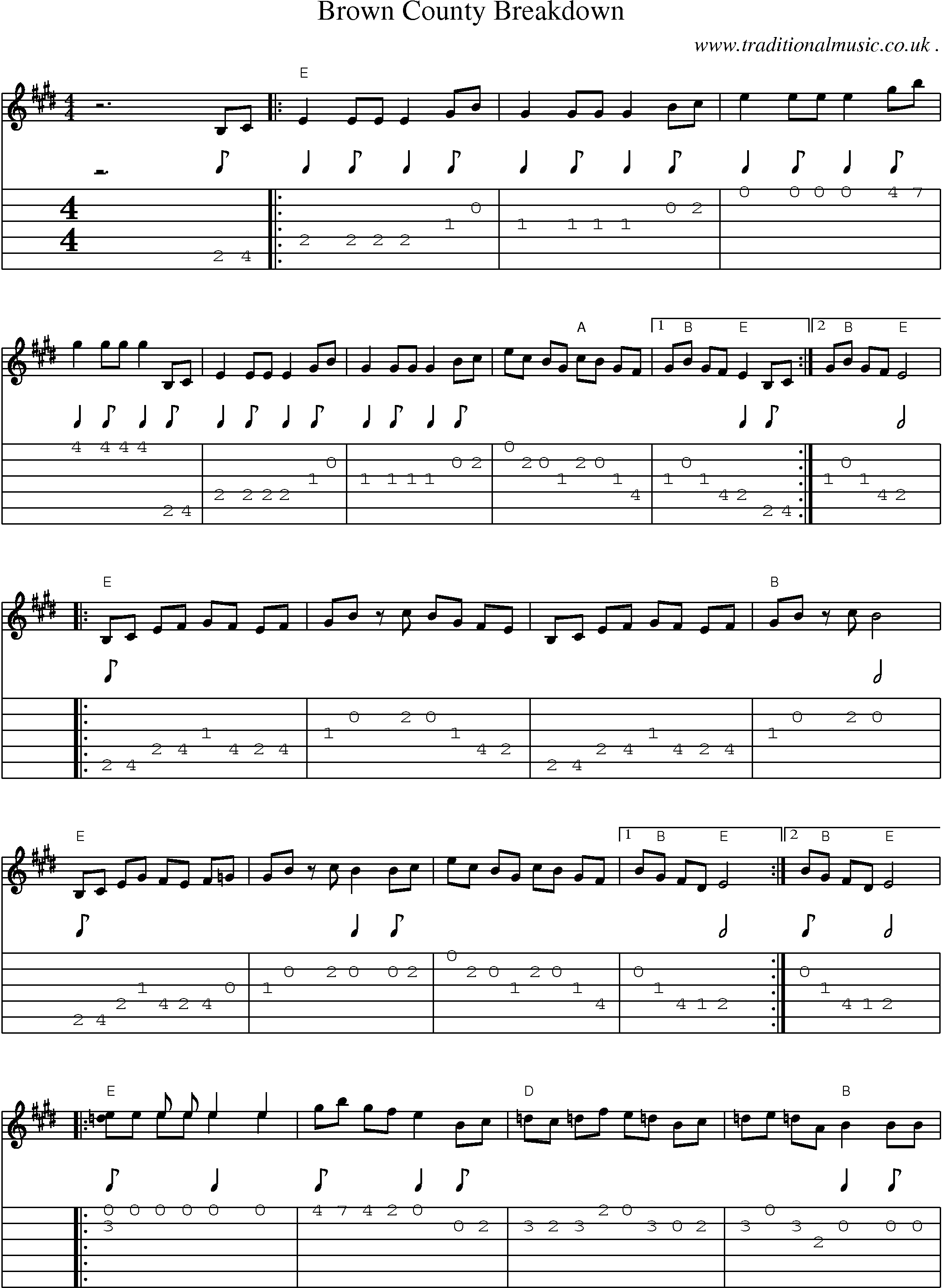 Music Score and Guitar Tabs for Brown County Breakdown