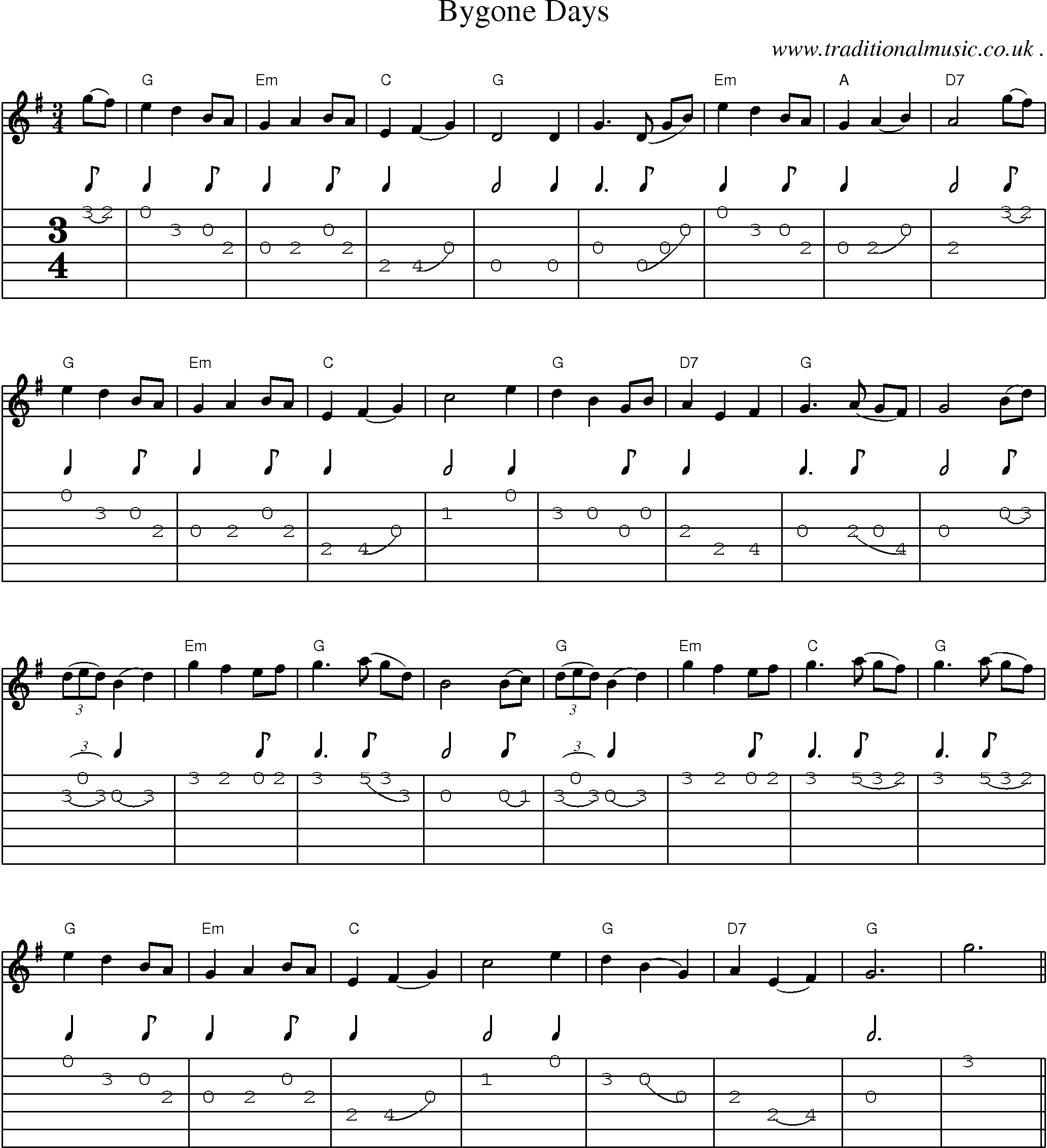 Music Score and Guitar Tabs for Bygone Days