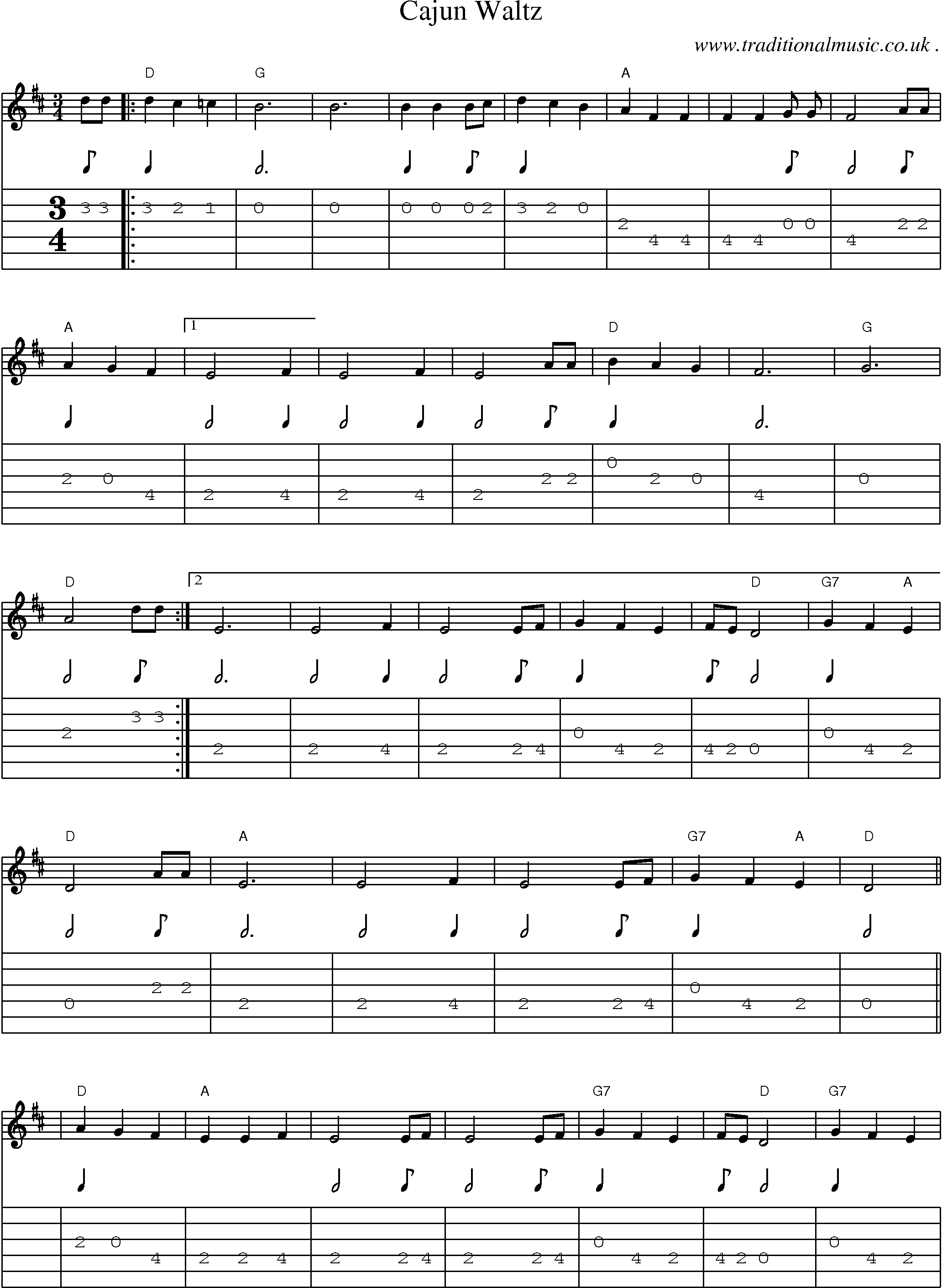 Music Score and Guitar Tabs for Cajun Waltz