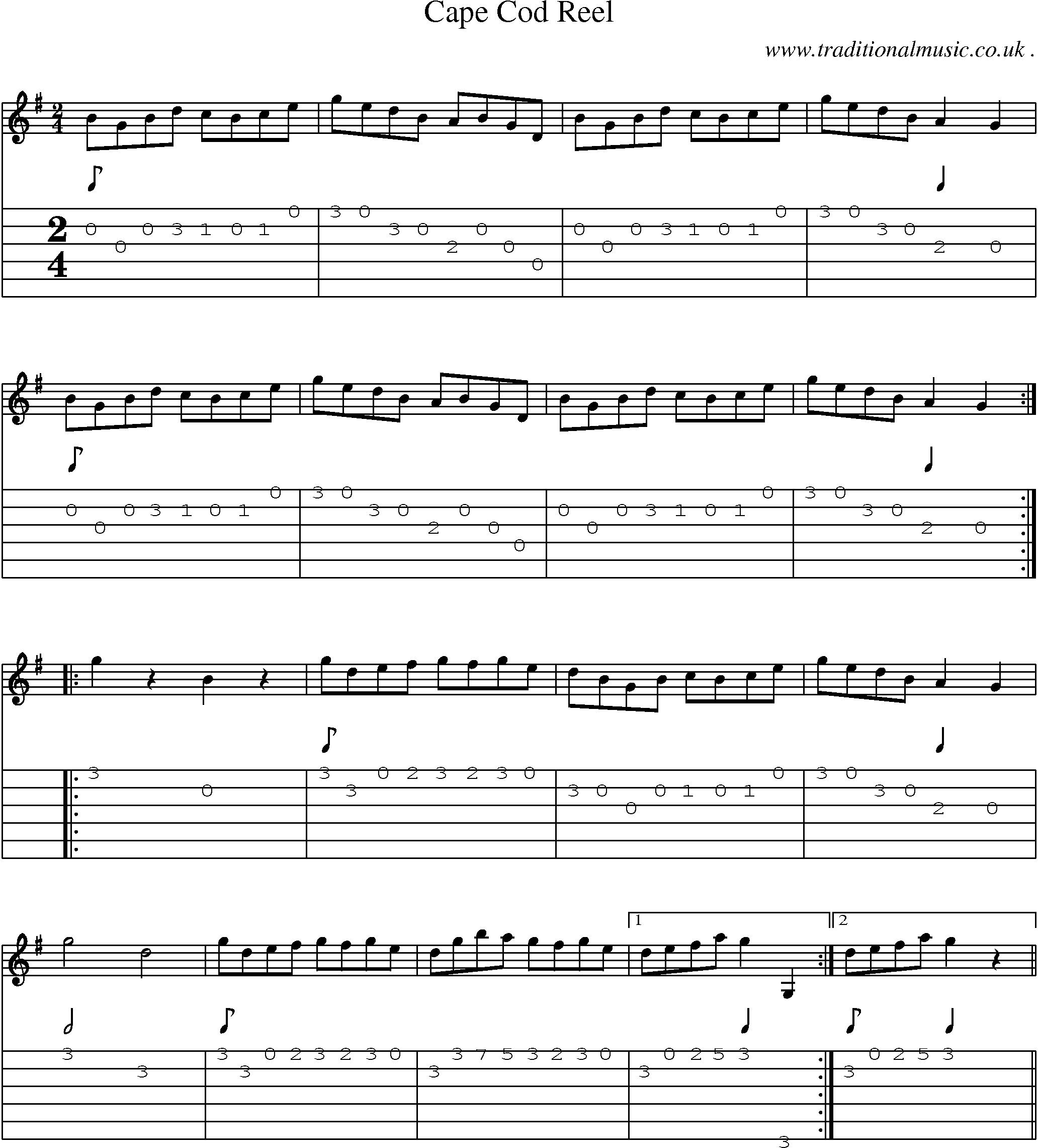 Music Score and Guitar Tabs for Cape Cod Reel