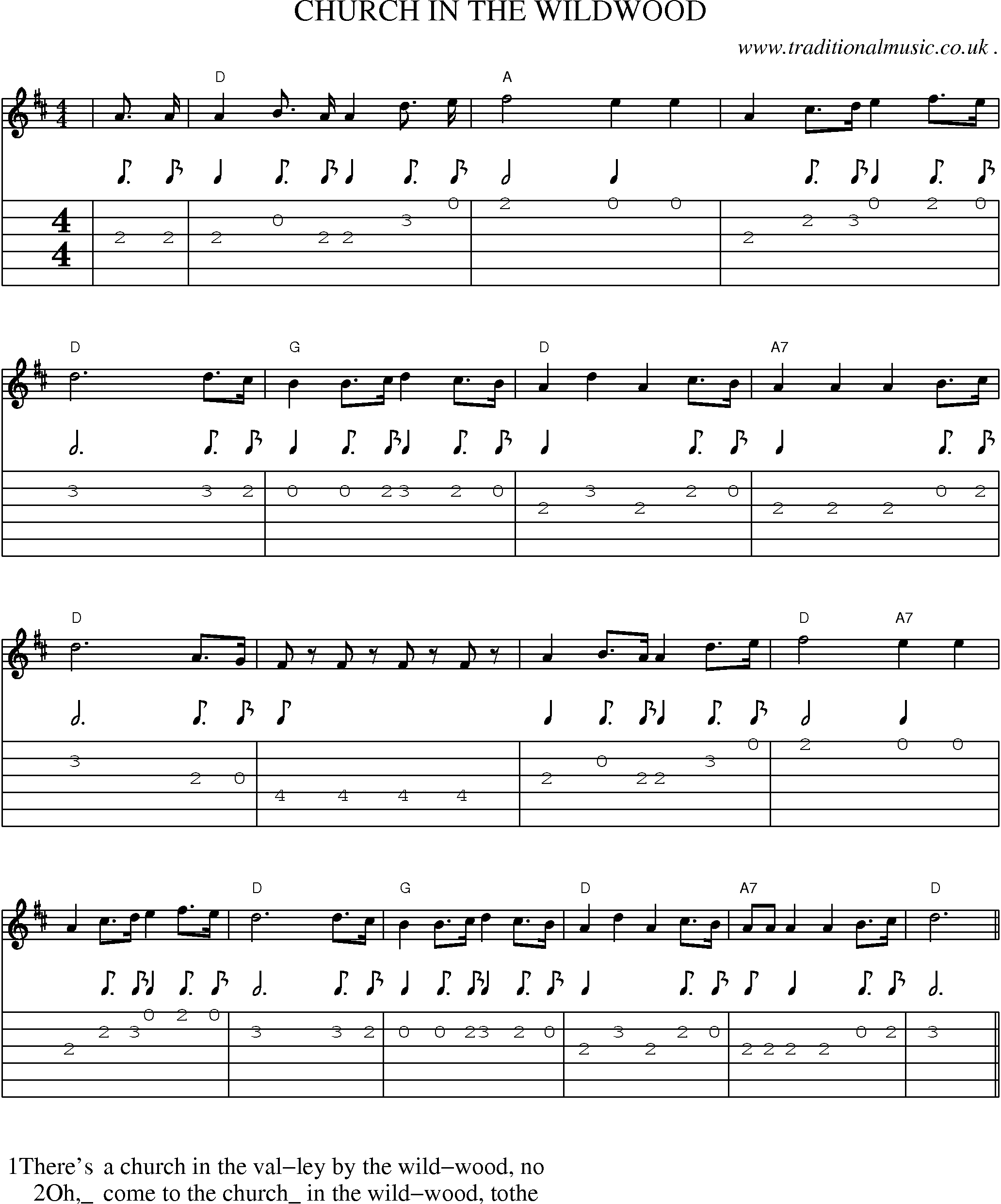 Music Score and Guitar Tabs for Church In The Wildwood