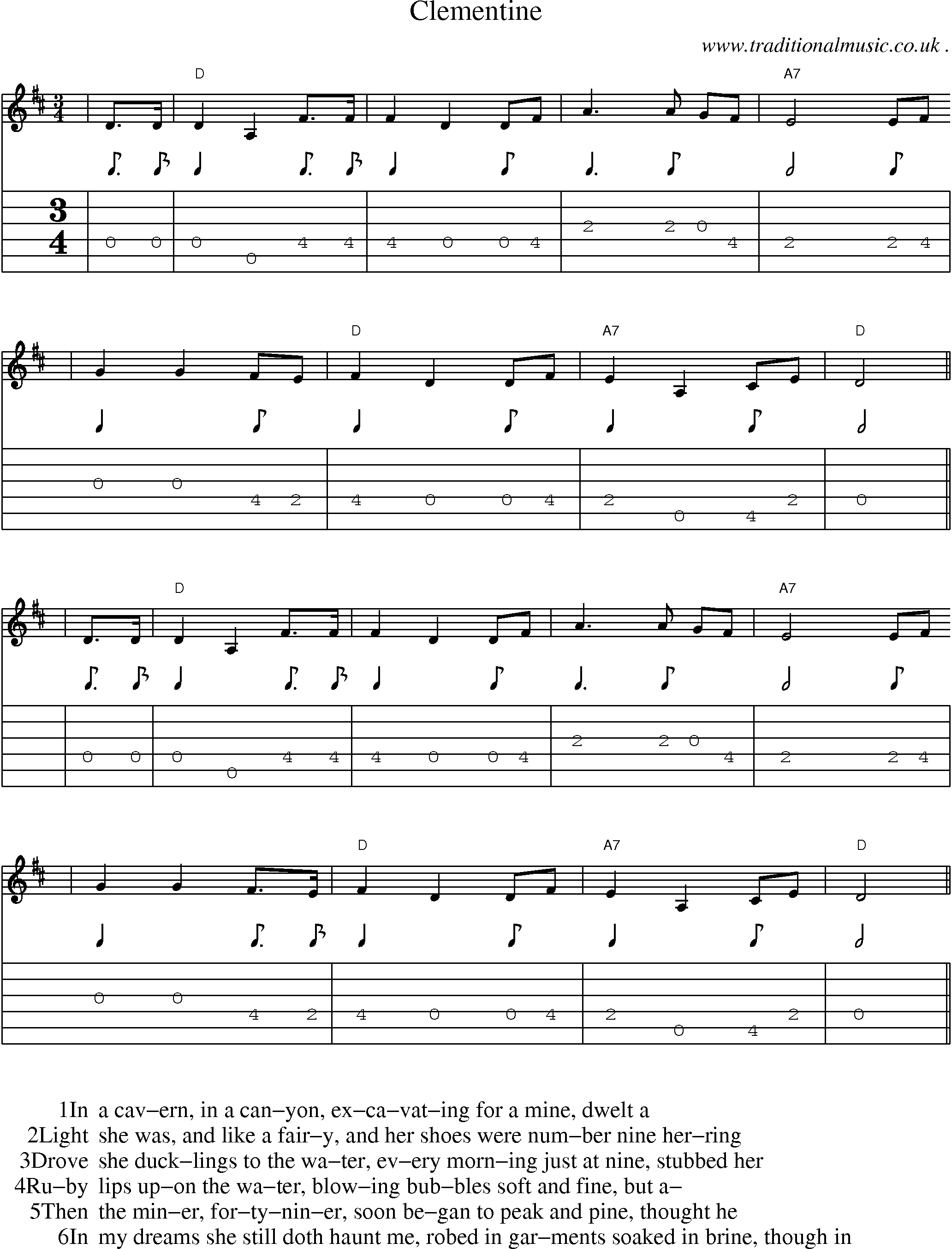 Music Score and Guitar Tabs for Clementine