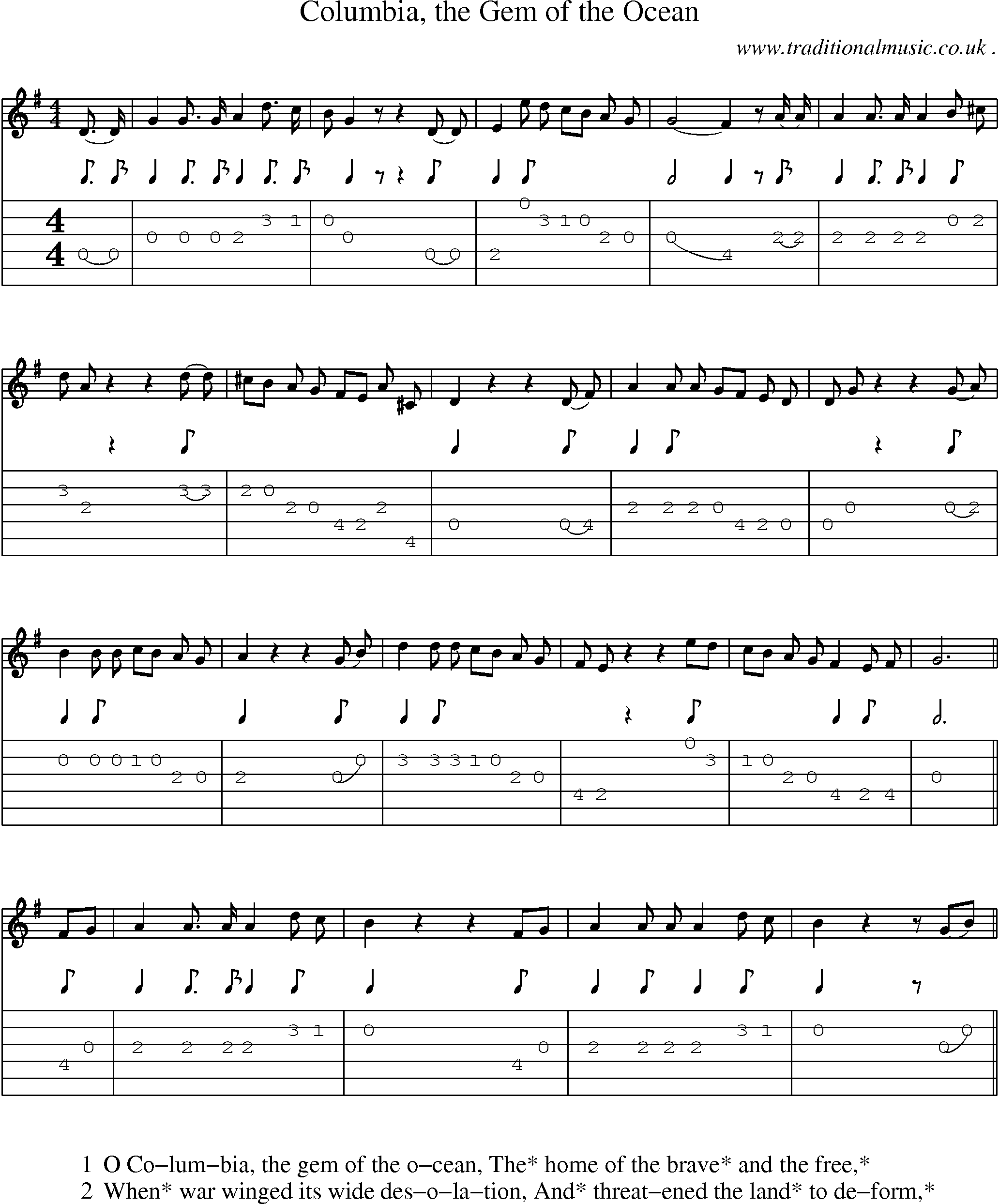 Music Score and Guitar Tabs for Columbia The Gem Of The Ocean