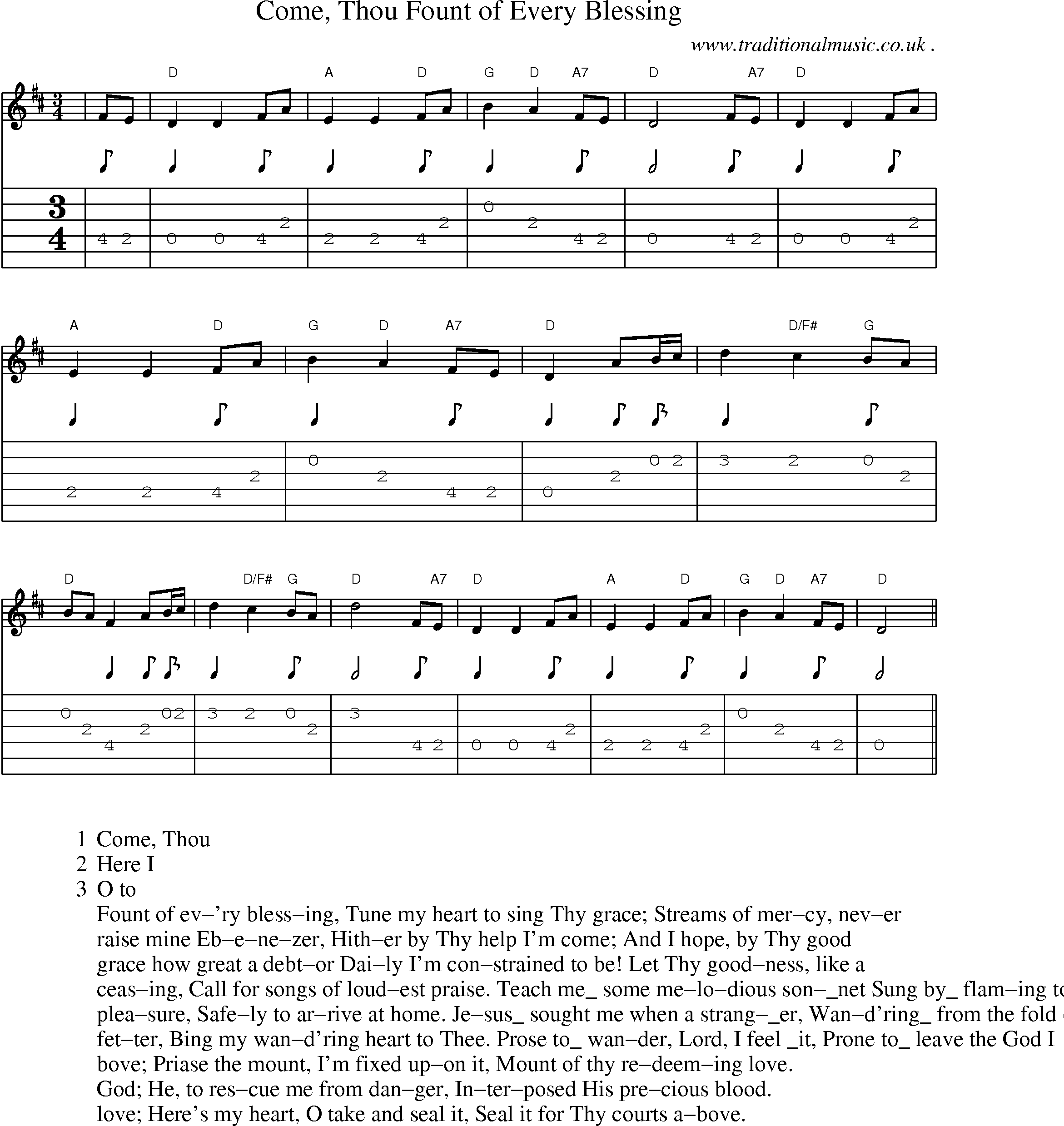 Music Score and Guitar Tabs for Come Thou Fount Of Every Blessing