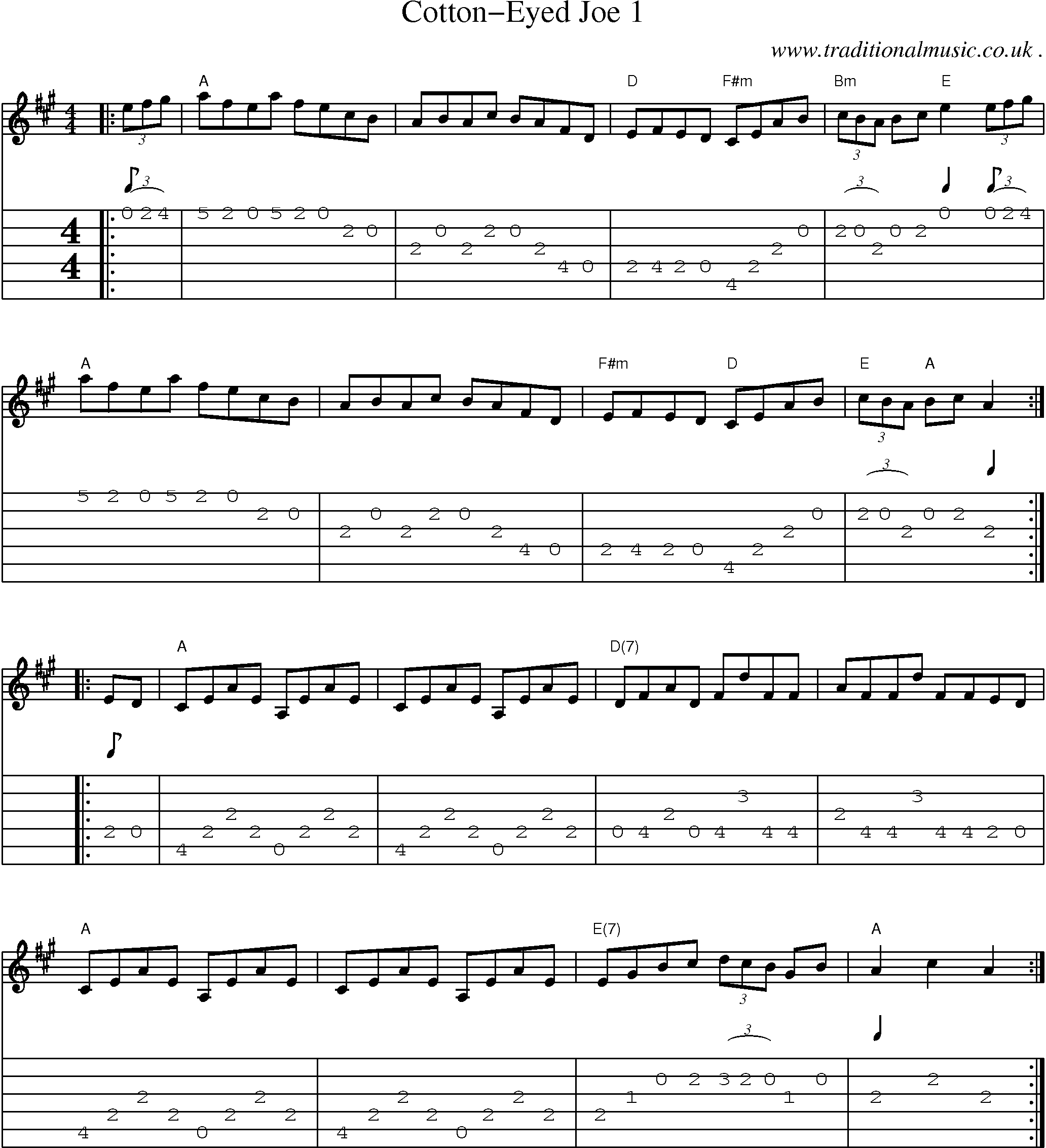 Music Score and Guitar Tabs for Cotton-eyed Joe 1