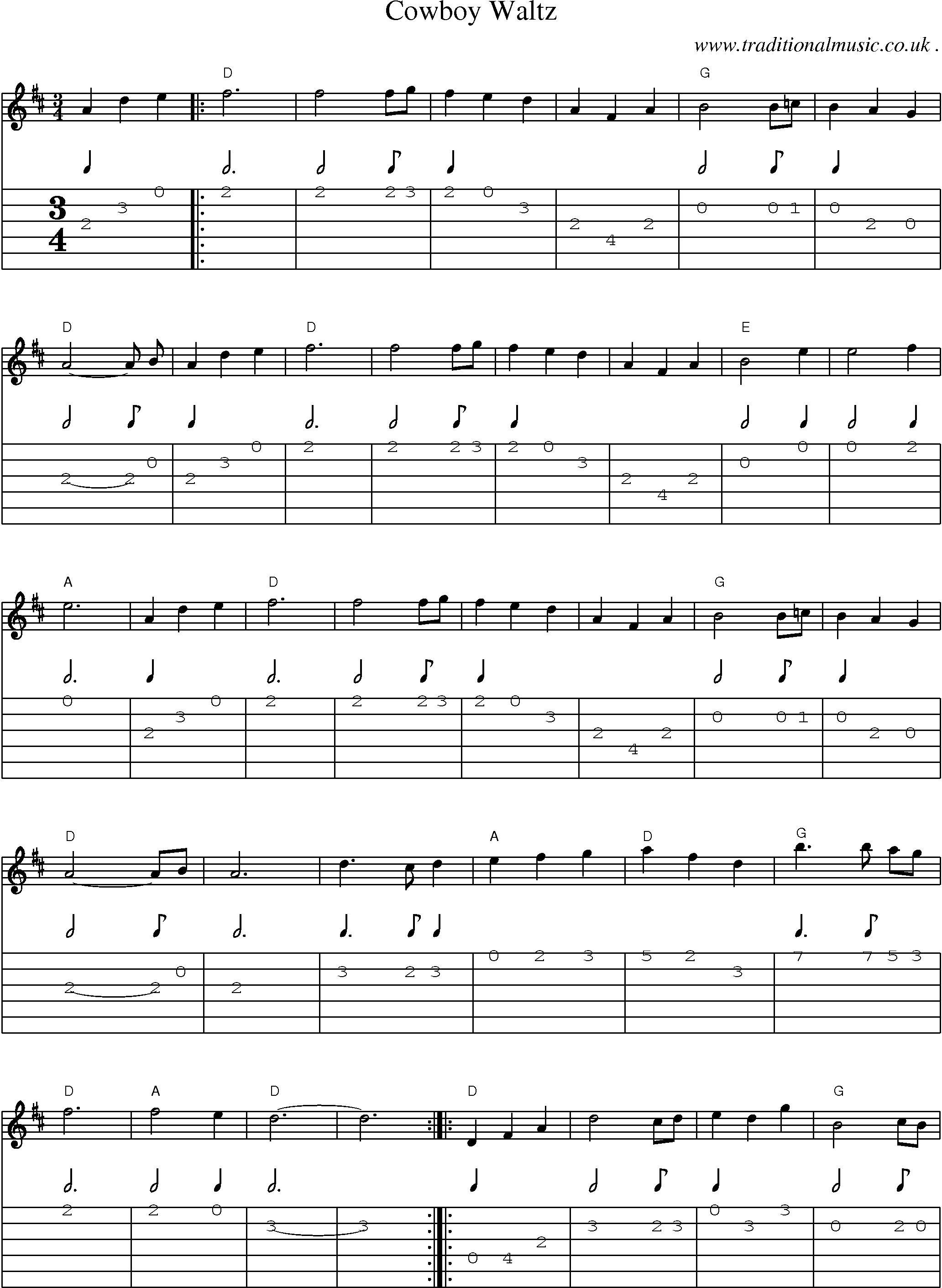 Music Score and Guitar Tabs for Cowboy Waltz