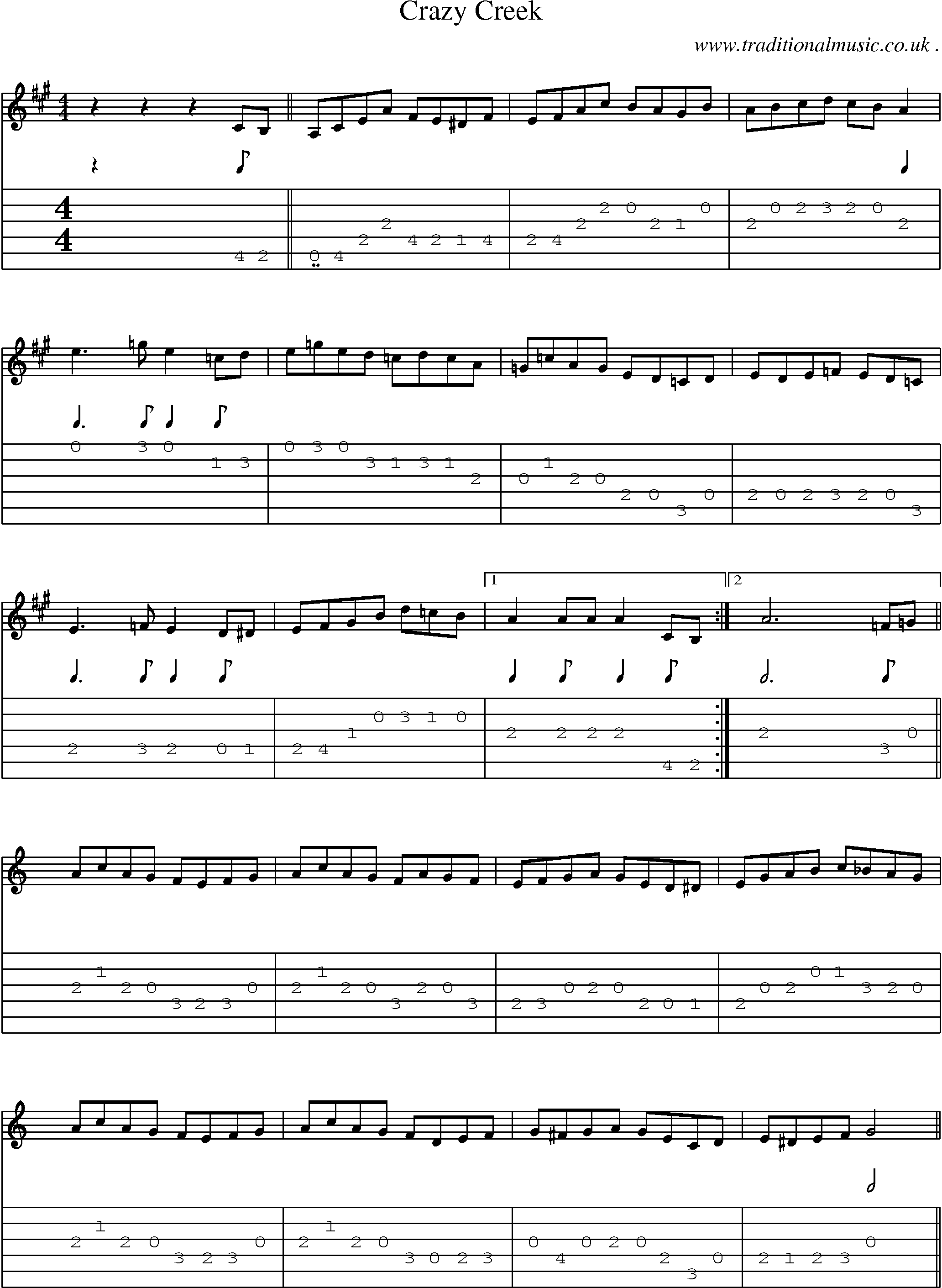 Music Score and Guitar Tabs for Crazy Creek
