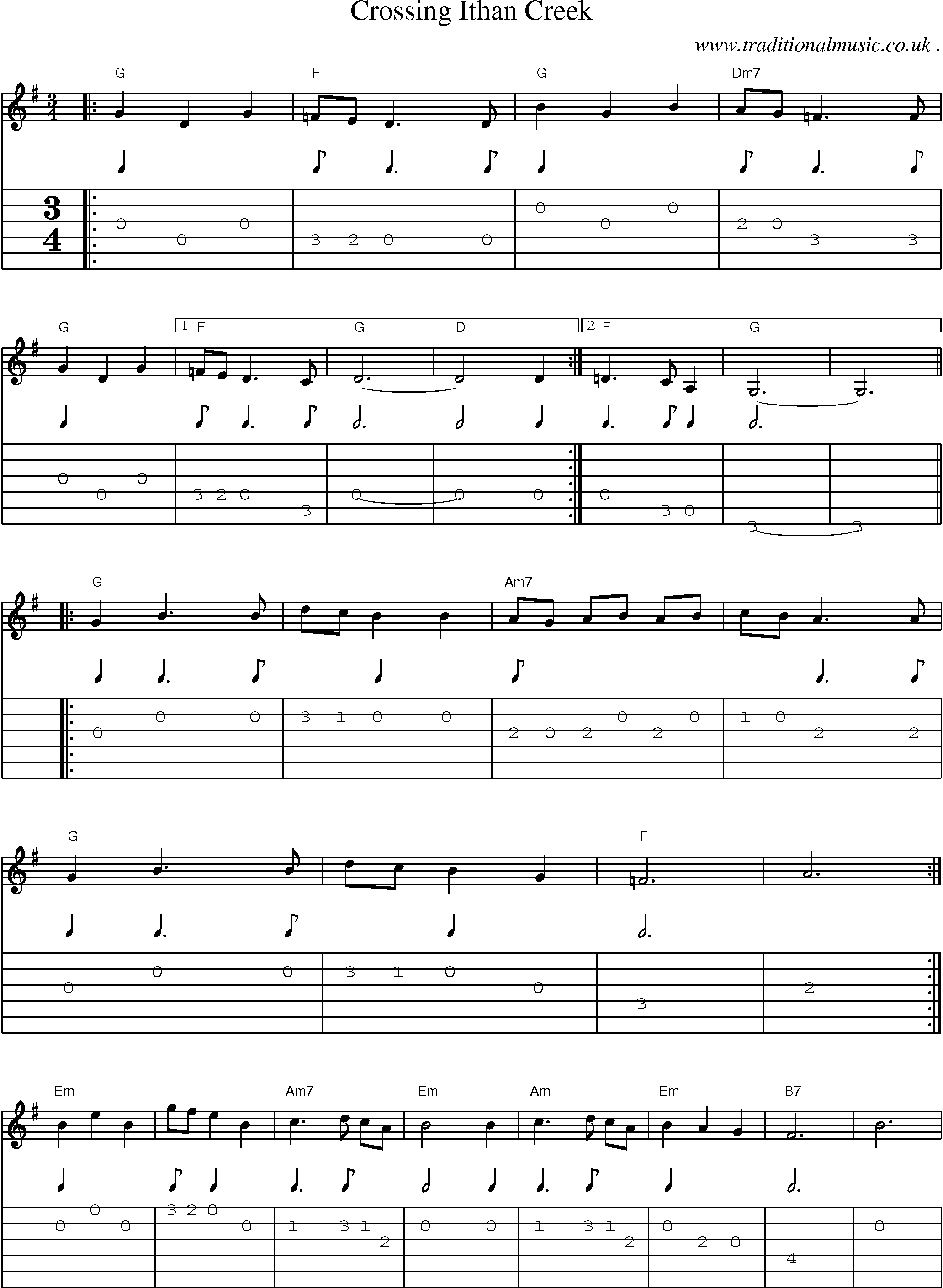 Music Score and Guitar Tabs for Crossing Ithan Creek