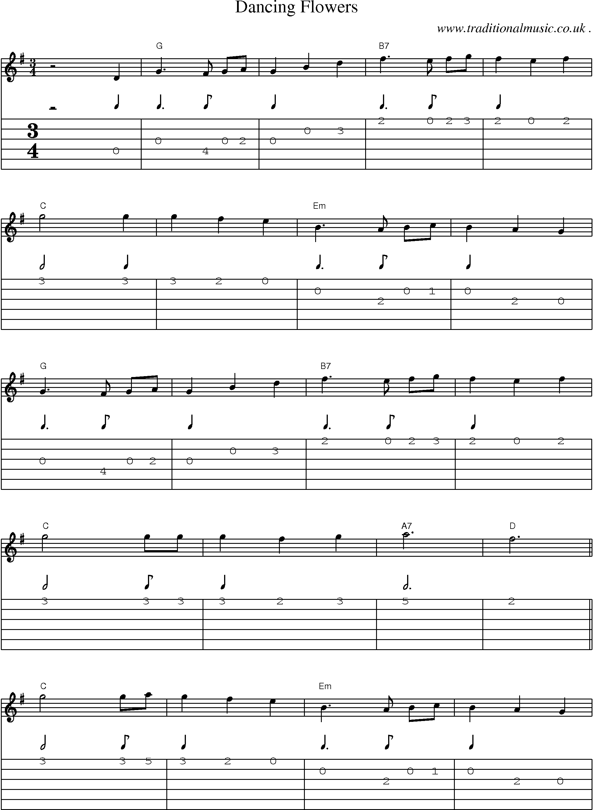 Music Score and Guitar Tabs for Dancing Flowers