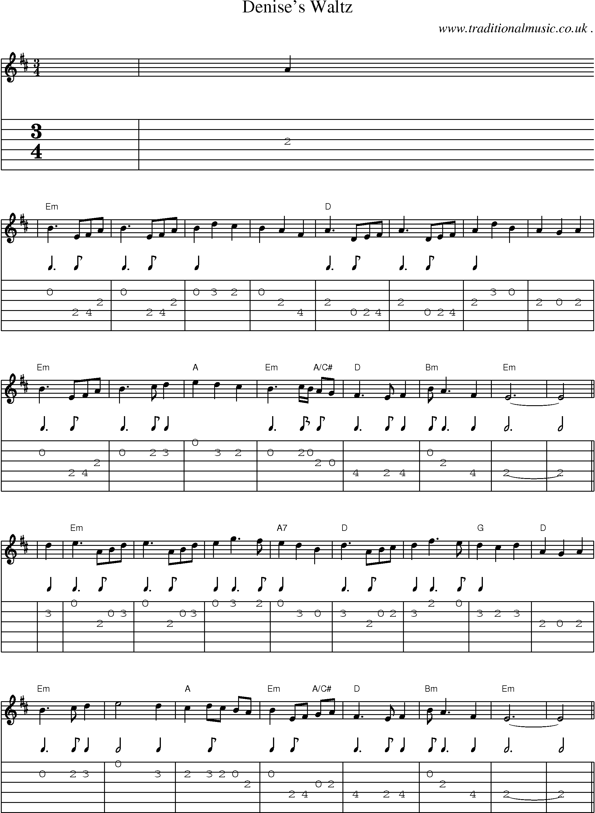 Music Score and Guitar Tabs for Denises Waltz