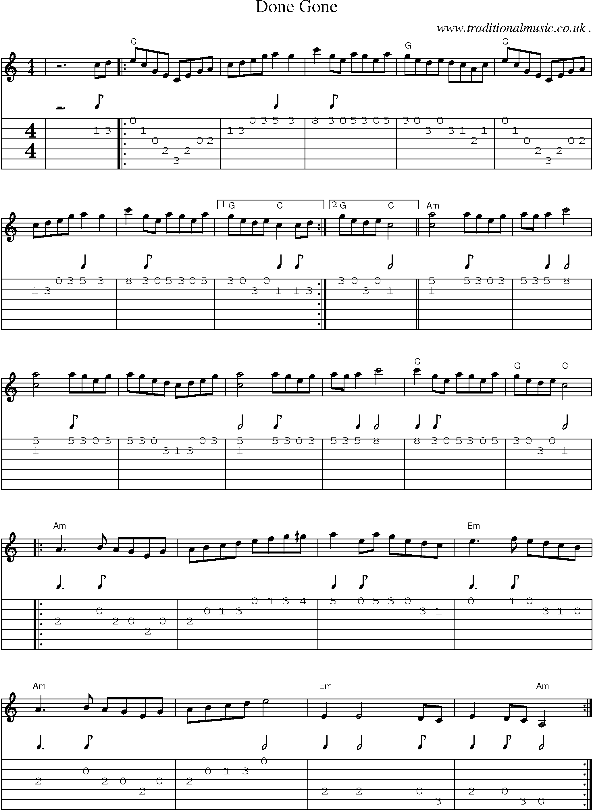 Music Score and Guitar Tabs for Done Gone