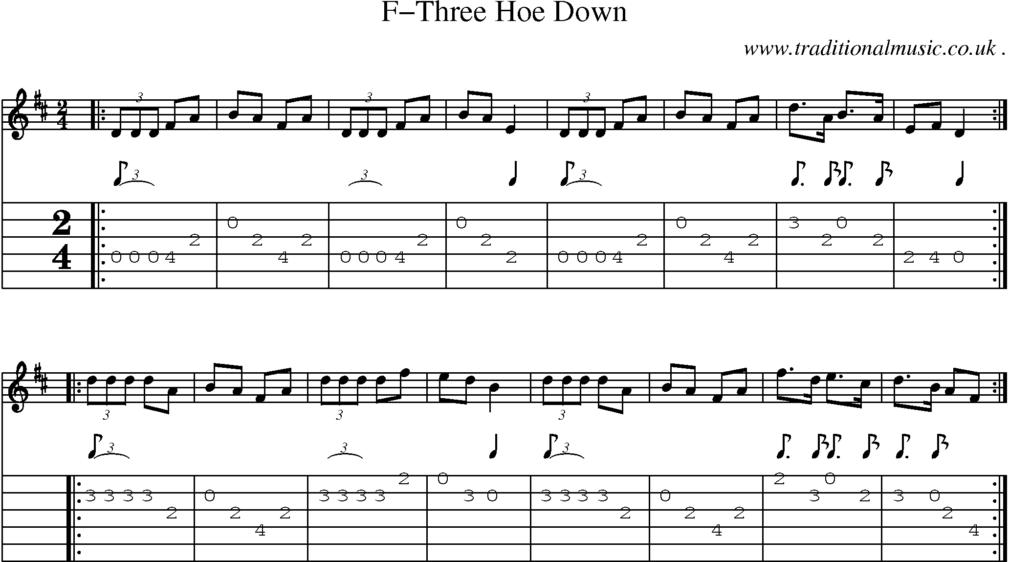 Music Score and Guitar Tabs for F-three Hoe Down