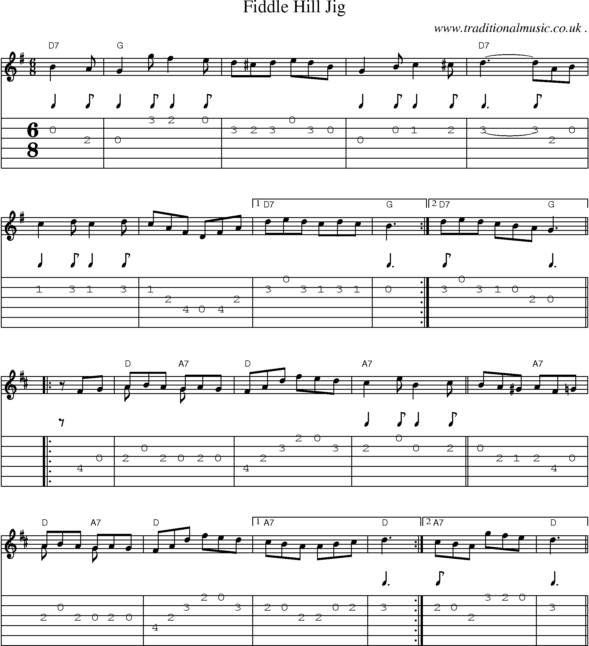 Music Score and Guitar Tabs for Fiddle Hill Jig