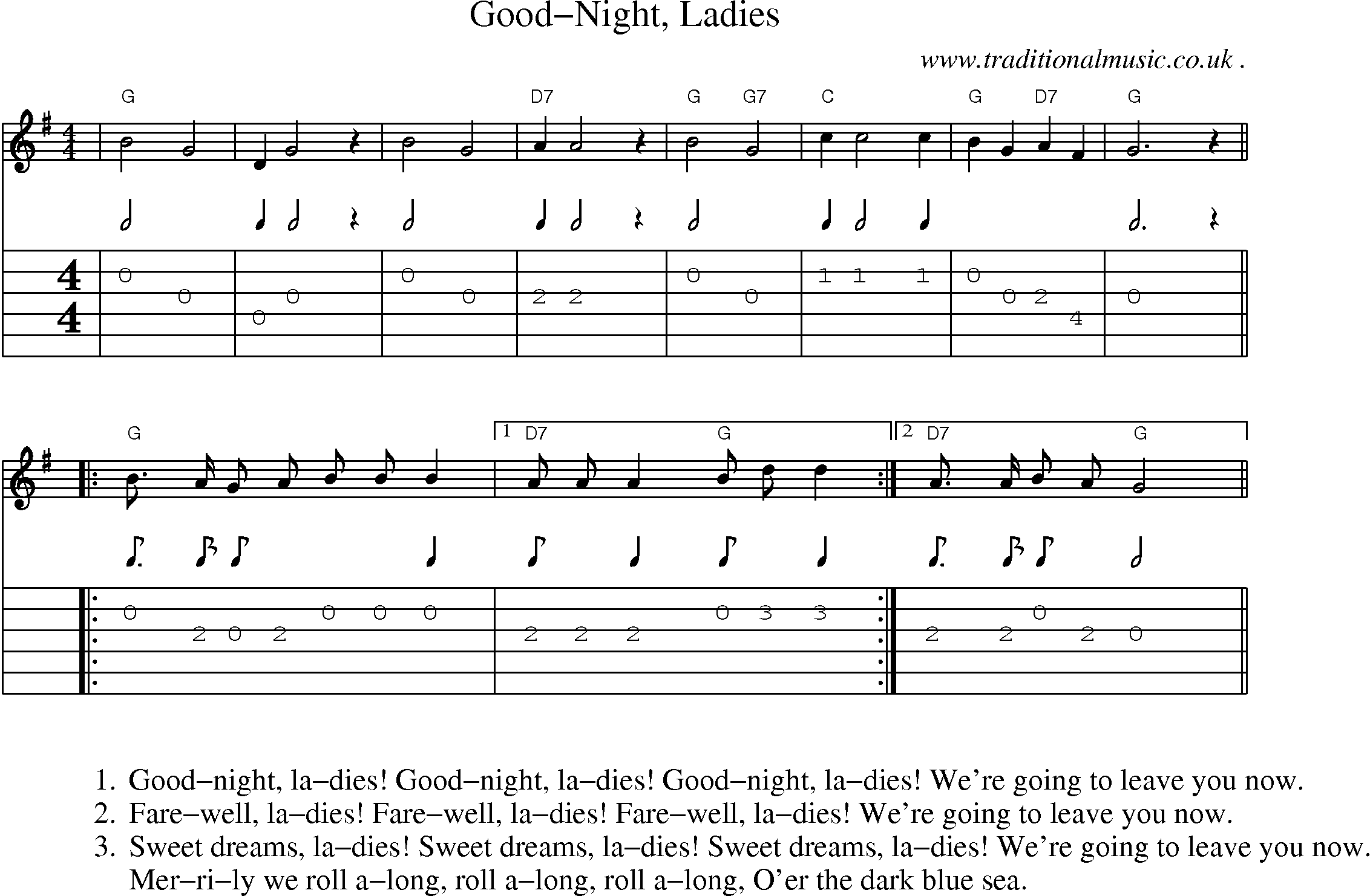 Music Score and Guitar Tabs for Good-night Ladies