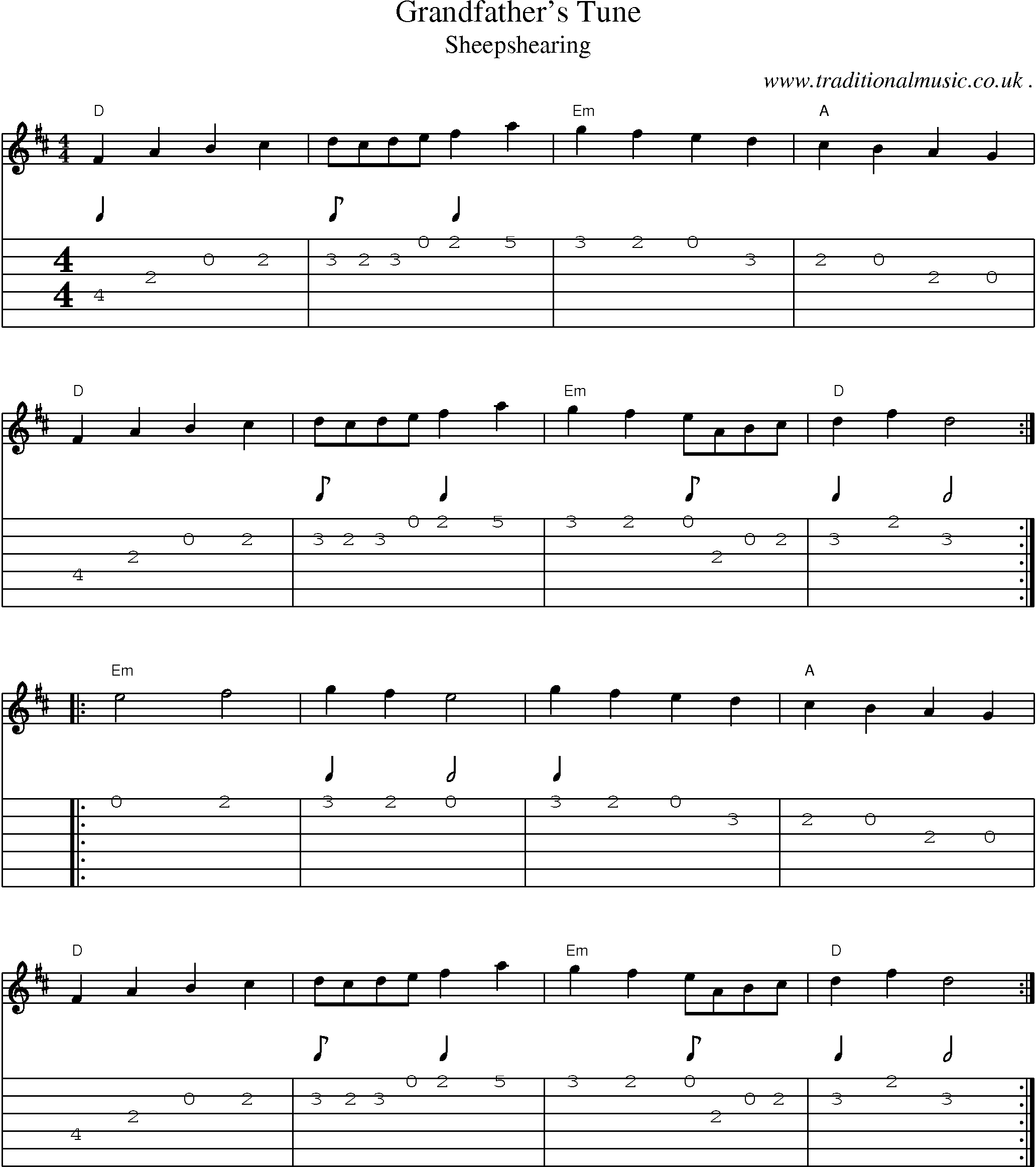 Music Score and Guitar Tabs for Grandfathers Tune