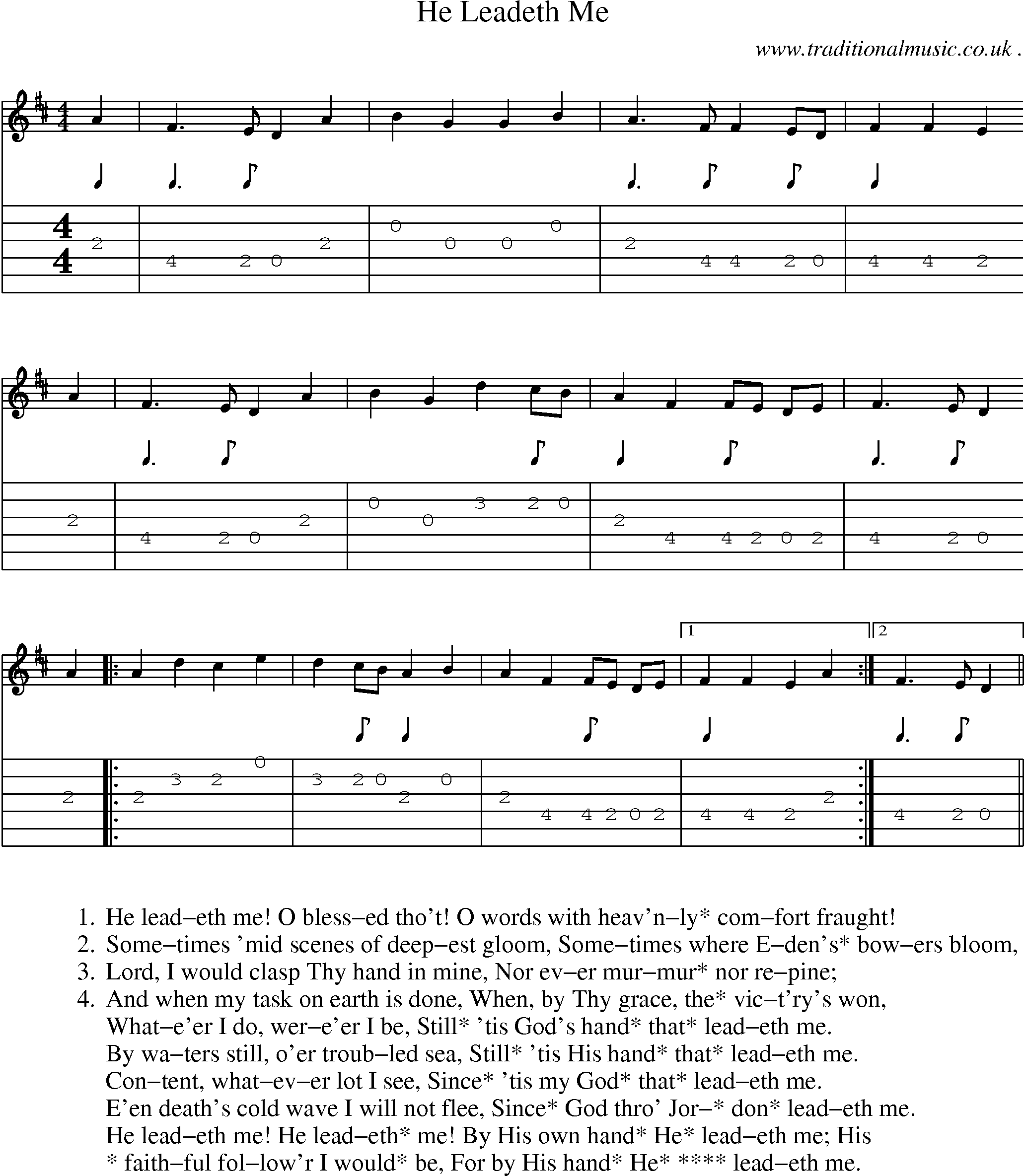 Music Score and Guitar Tabs for He Leadeth Me