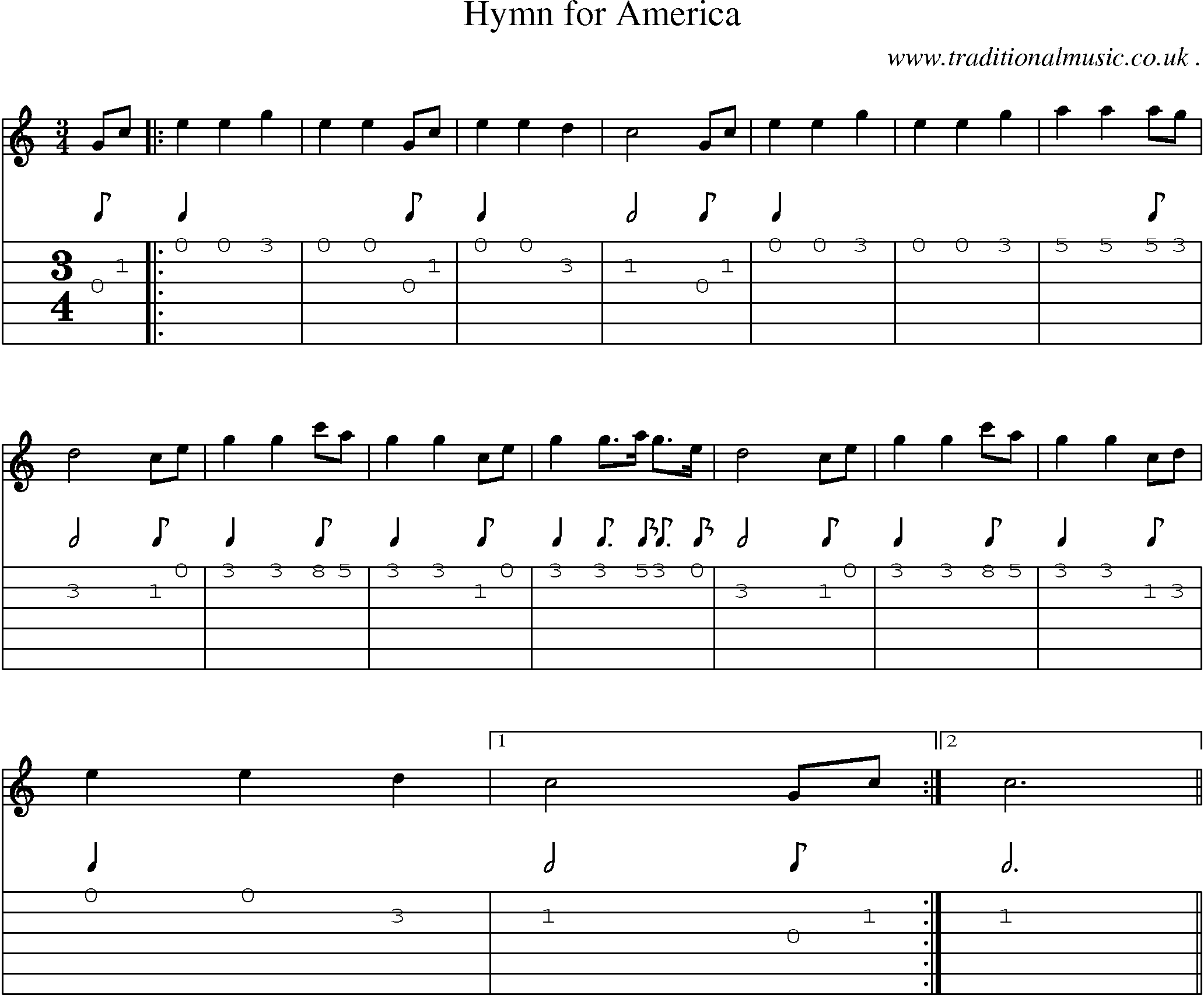 Music Score and Guitar Tabs for Hymn For America