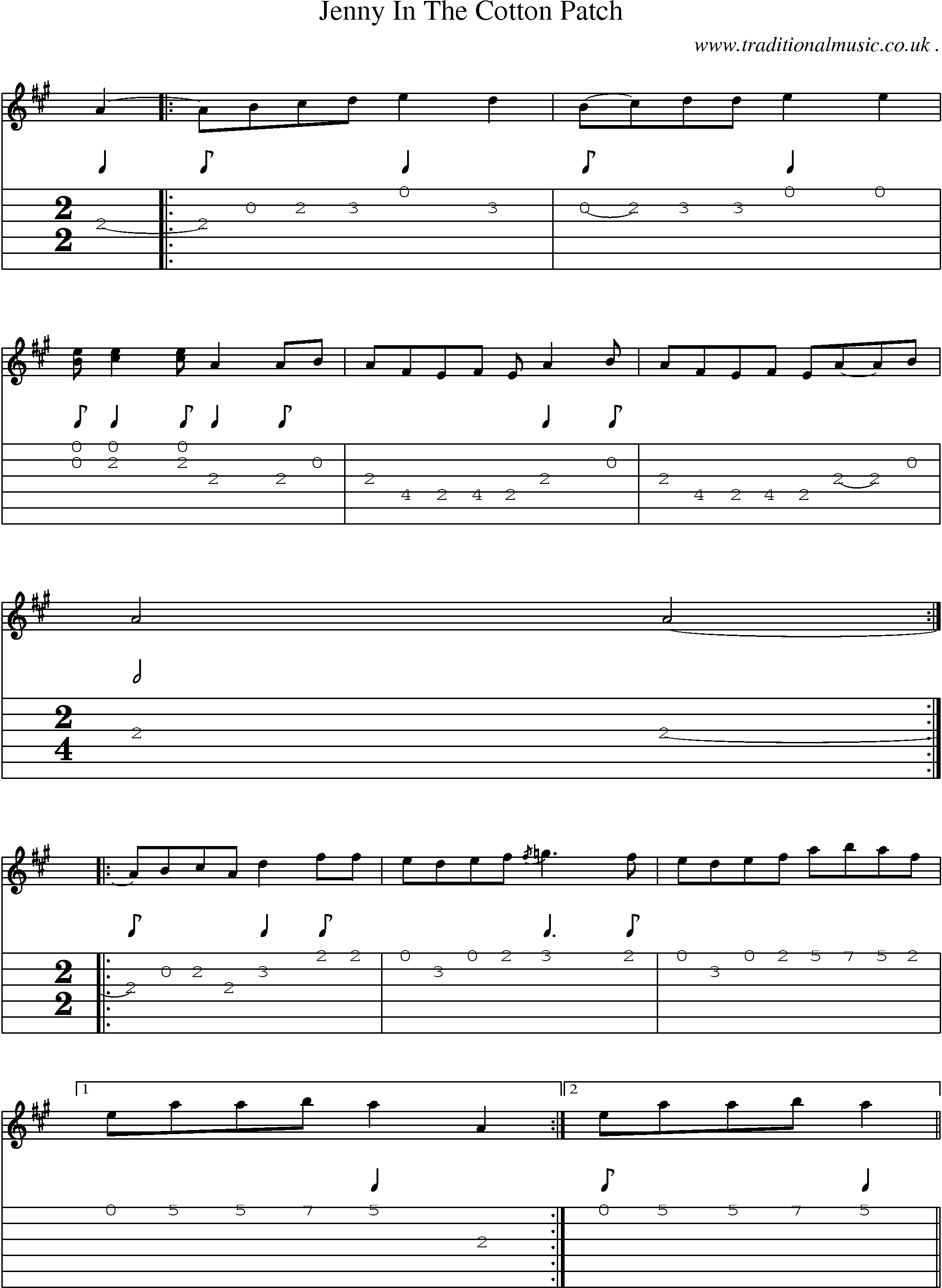 Music Score and Guitar Tabs for Jenny In The Cotton Patch