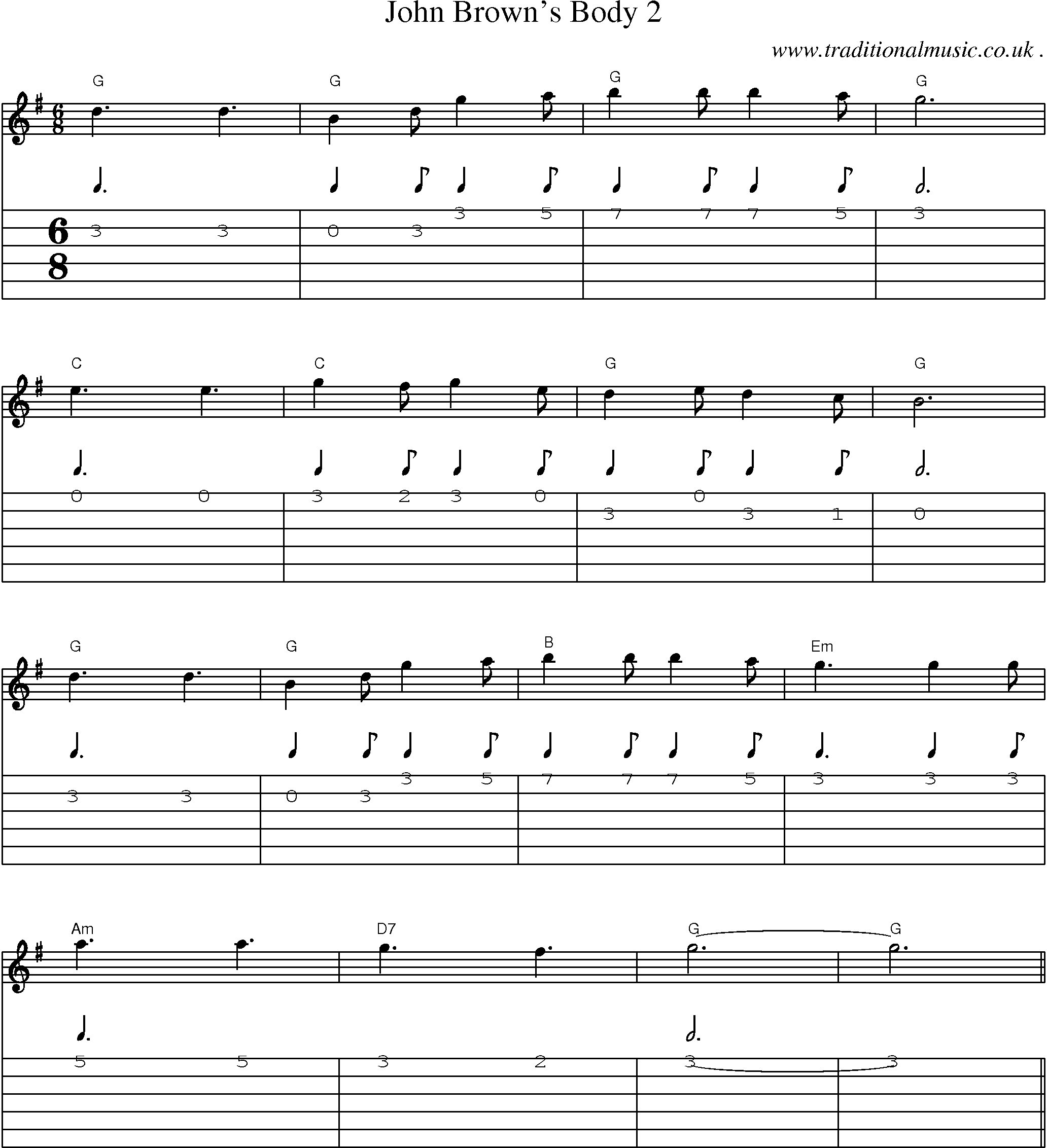 Music Score and Guitar Tabs for John Browns Body 2