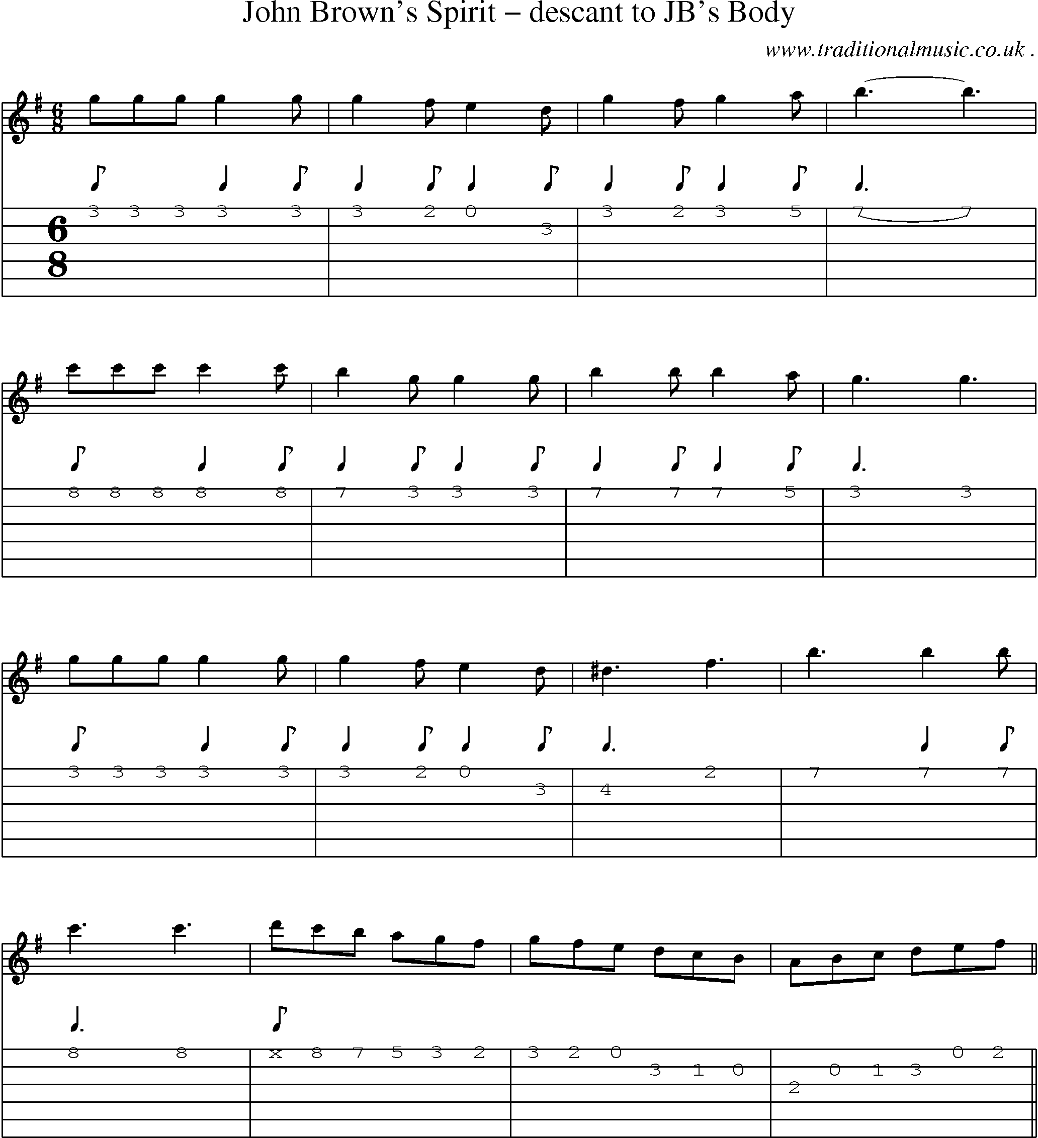 Music Score and Guitar Tabs for John Browns Spirit Descant To Jbs Body