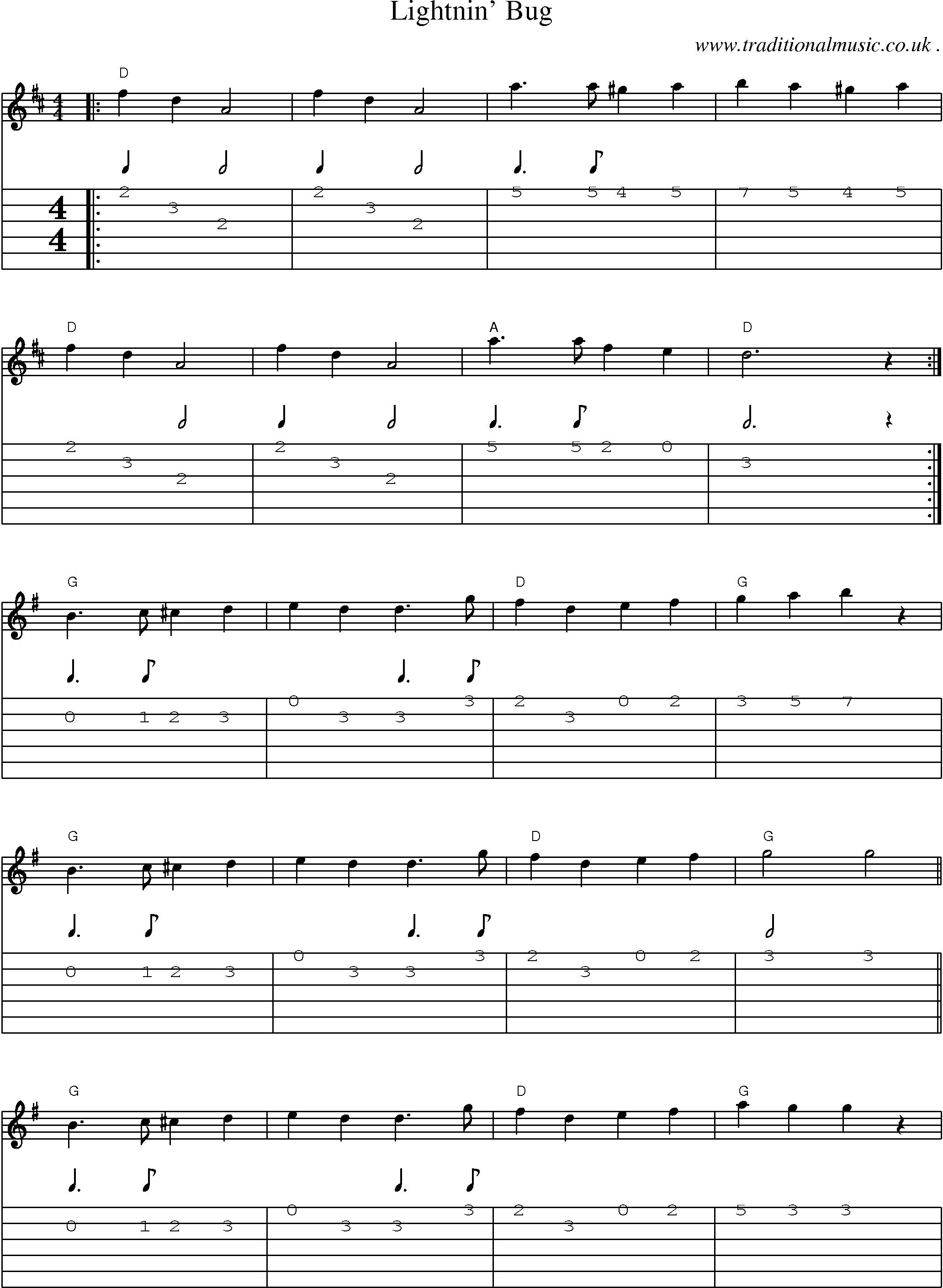 Music Score and Guitar Tabs for Lightnin Bug