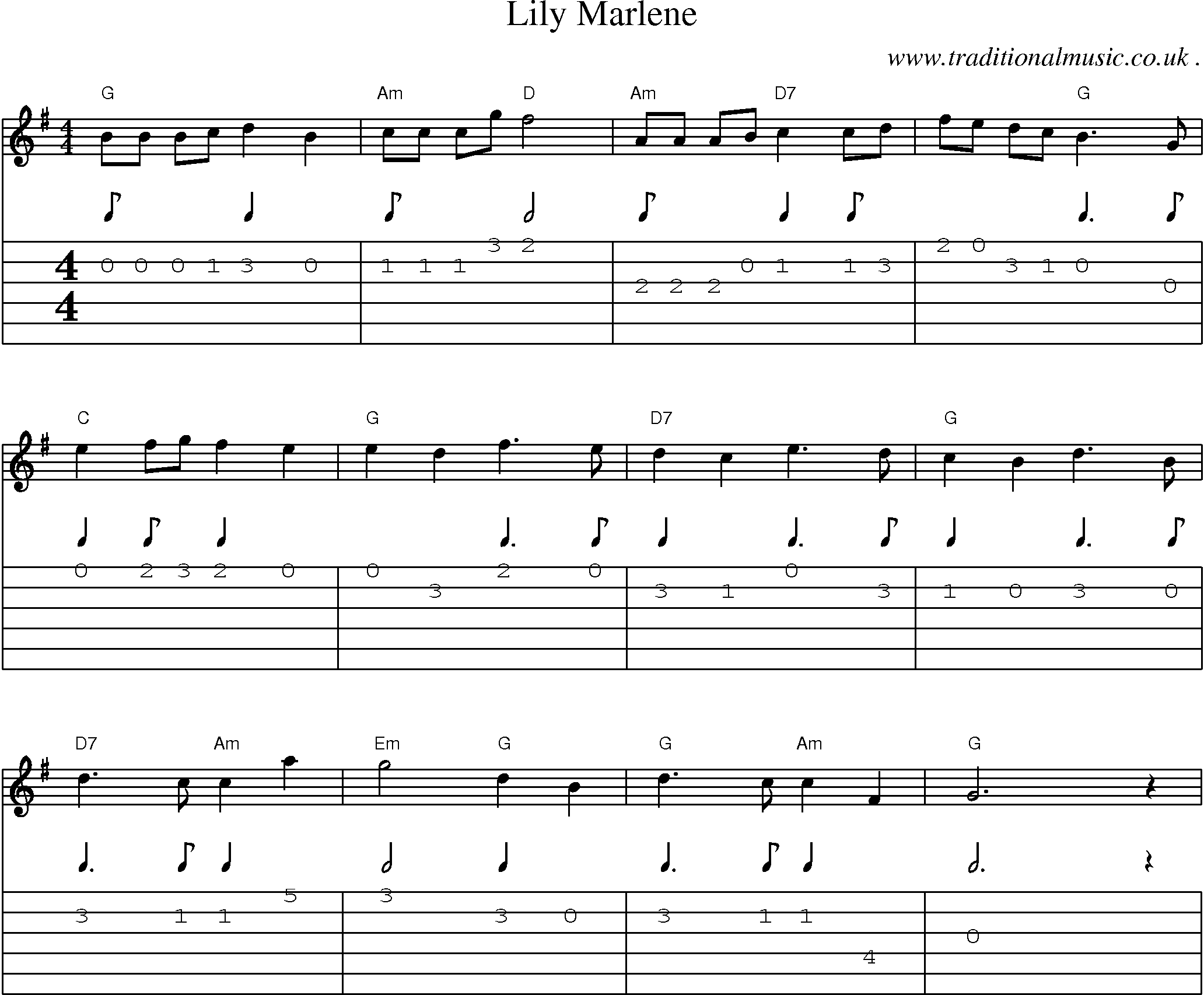 Music Score and Guitar Tabs for Lily Marlene