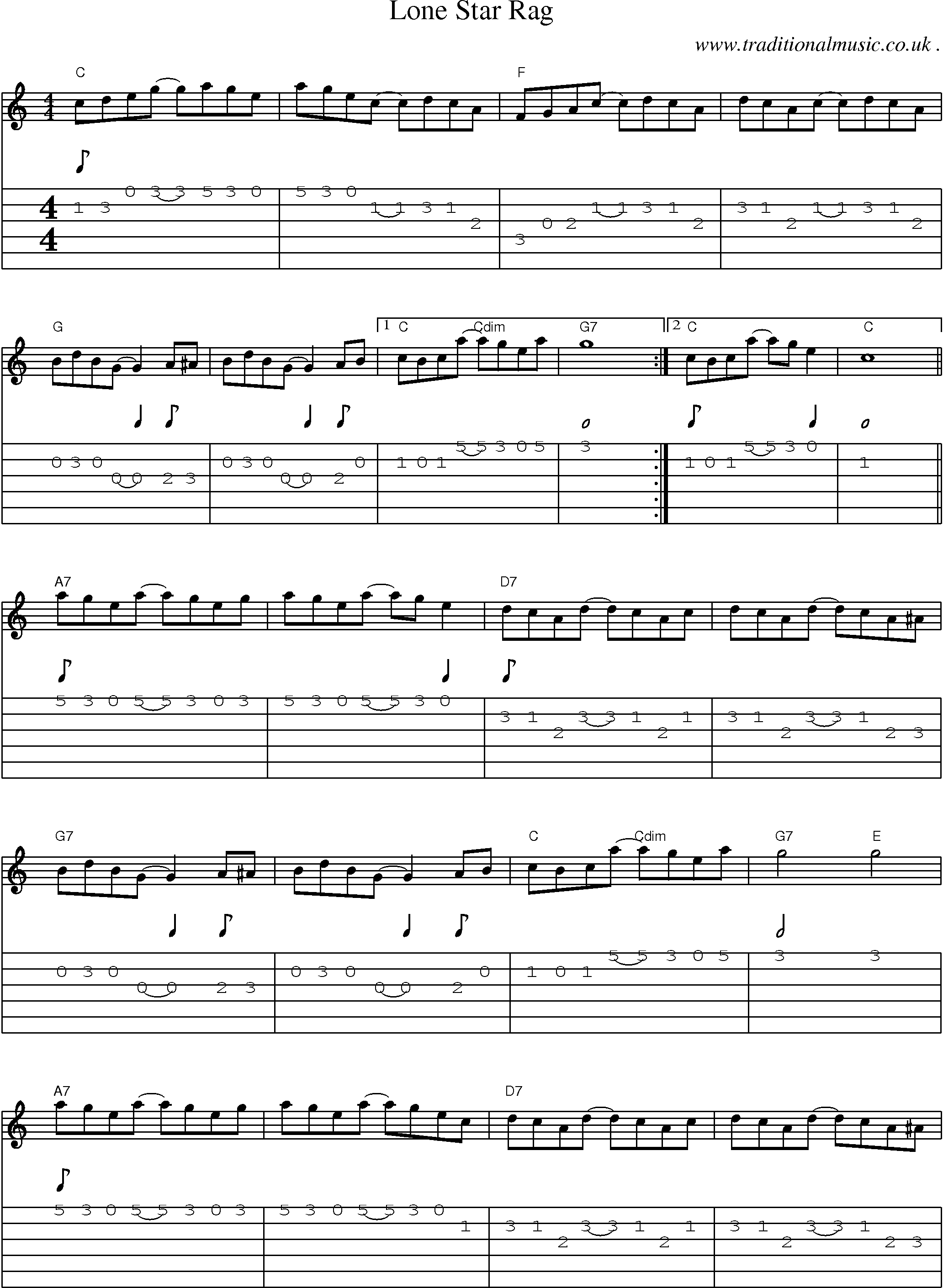 Music Score and Guitar Tabs for Lone Star Rag