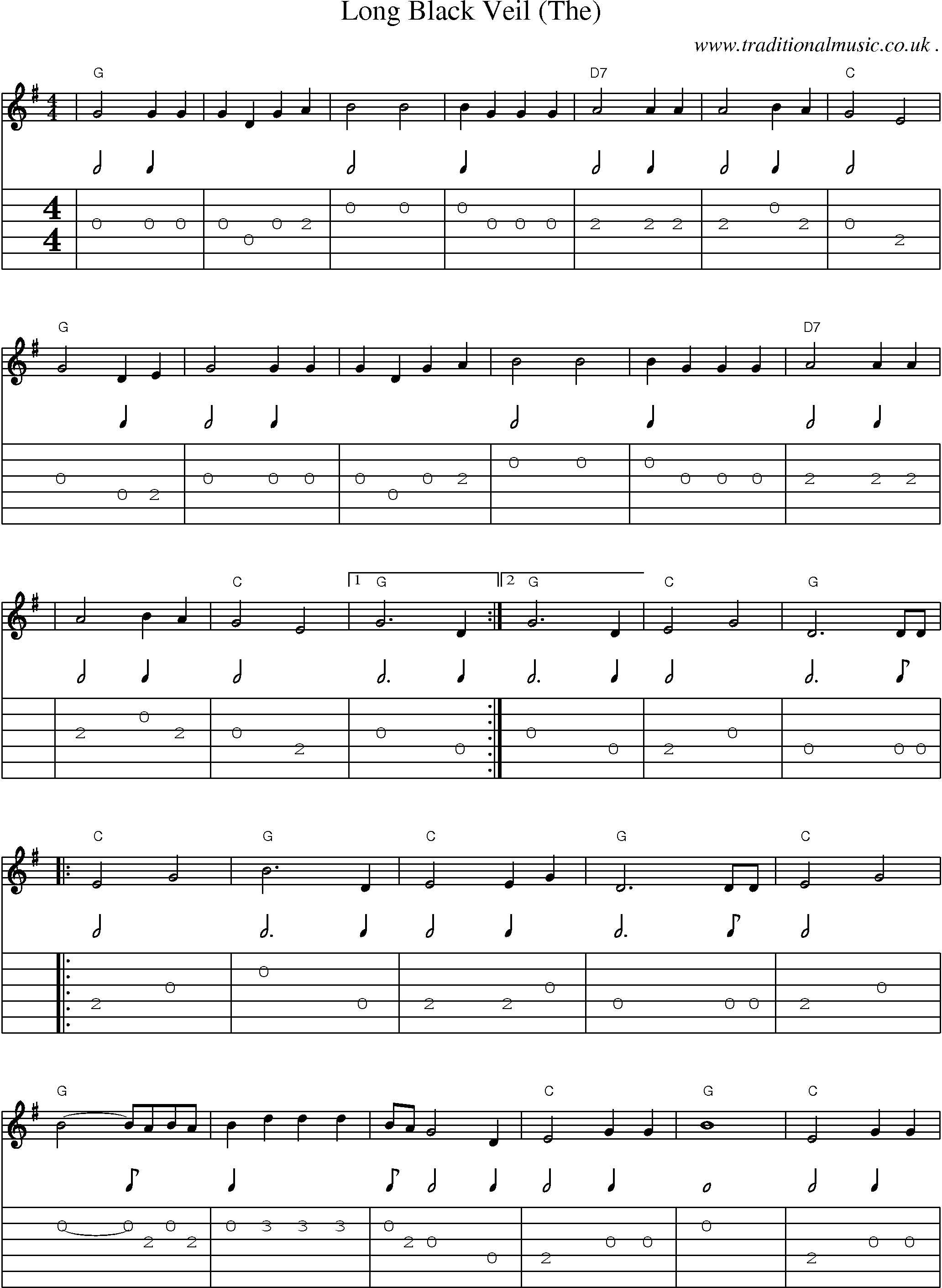 Music Score and Guitar Tabs for Long Black Veil (the)