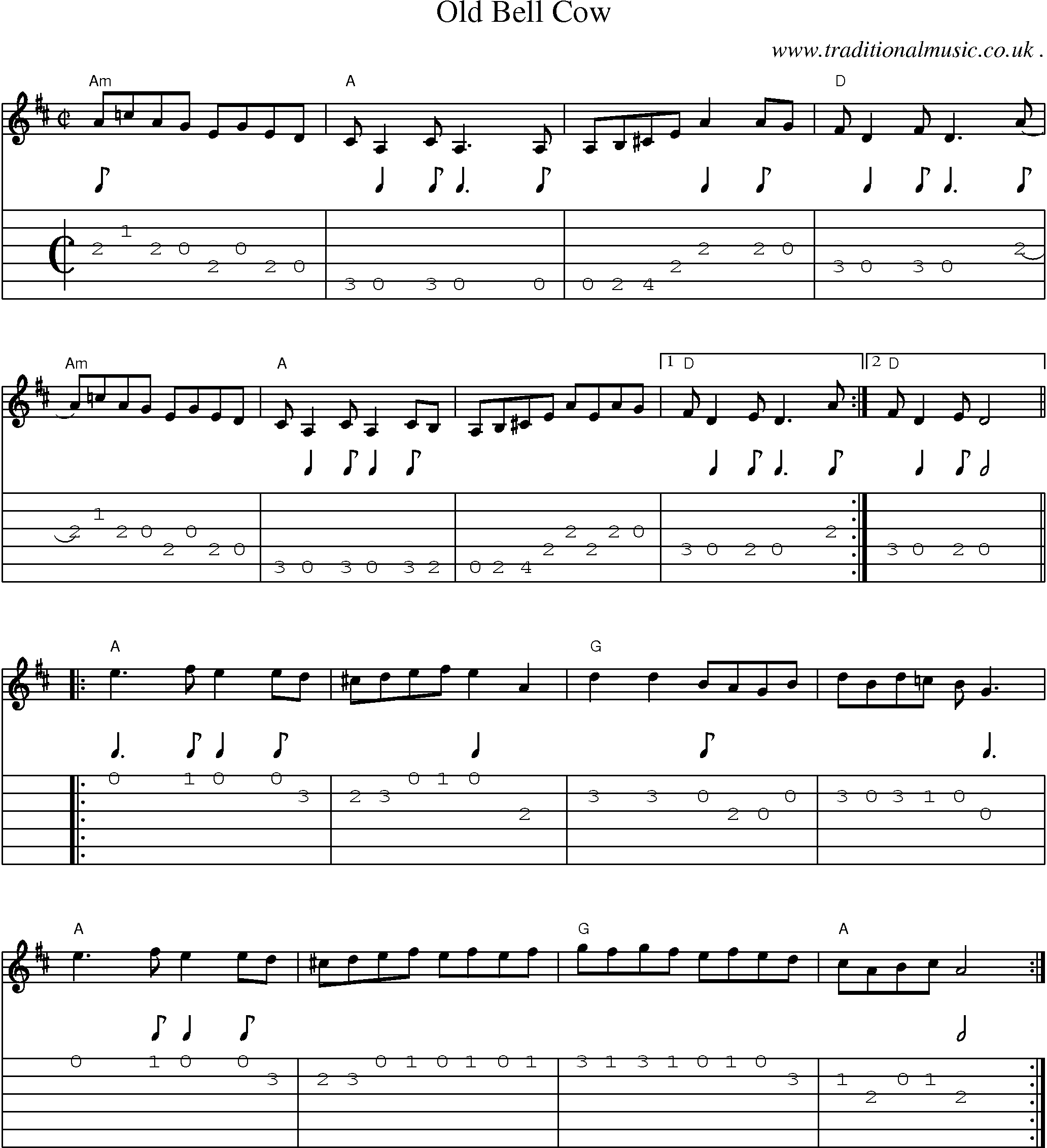 Music Score and Guitar Tabs for Old Bell Cow