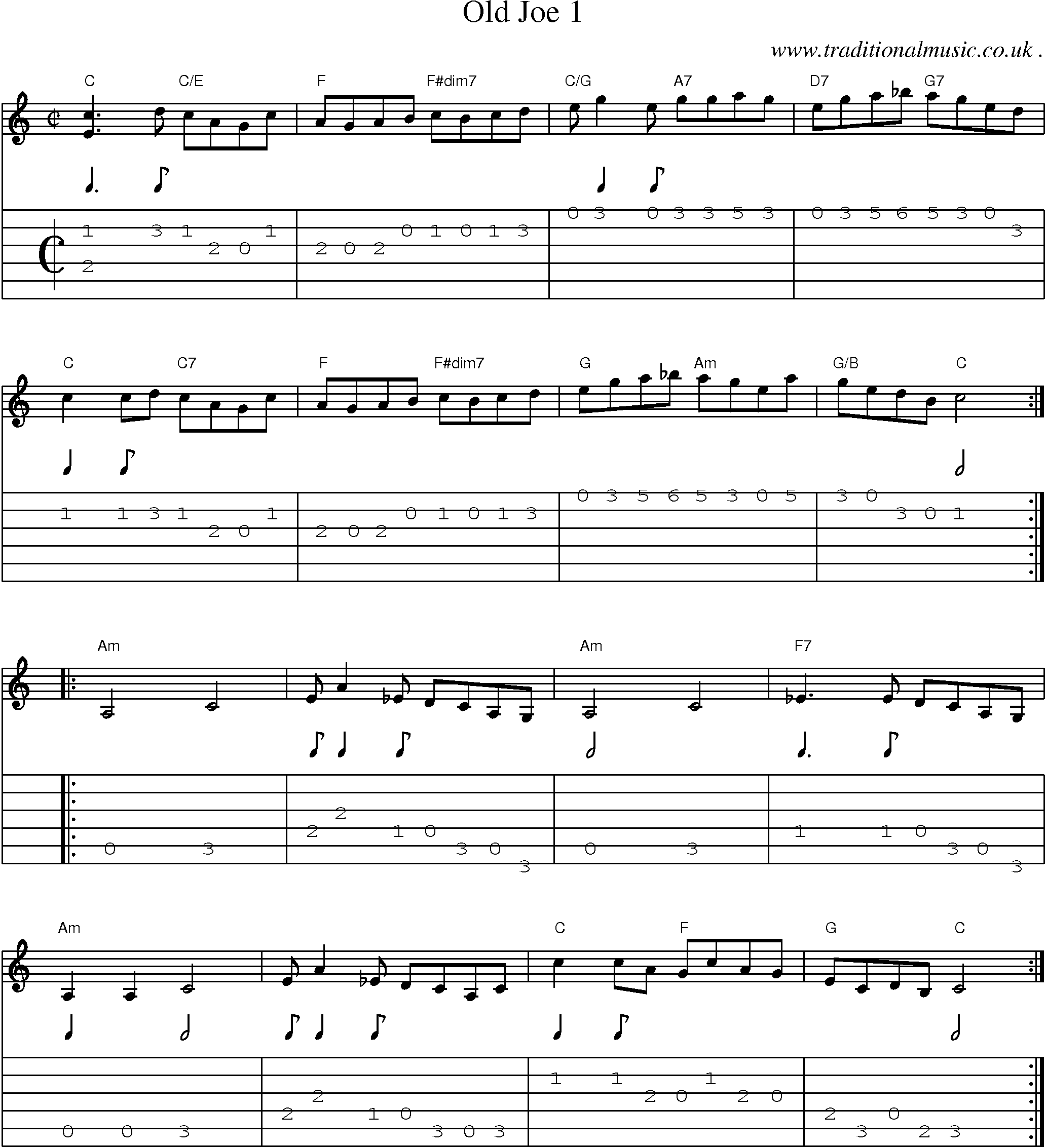 Music Score and Guitar Tabs for Old Joe 1