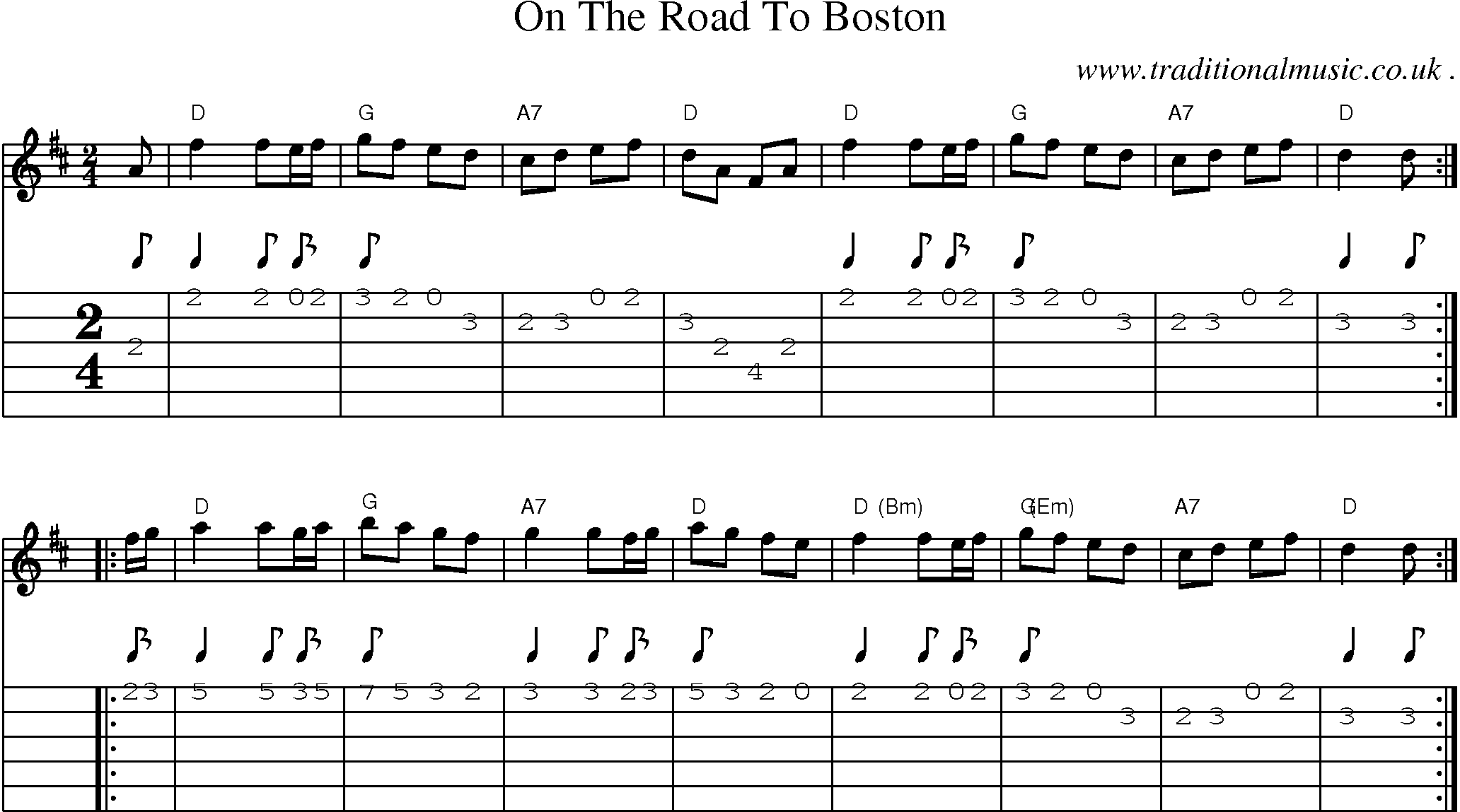 Music Score and Guitar Tabs for On The Road To Boston