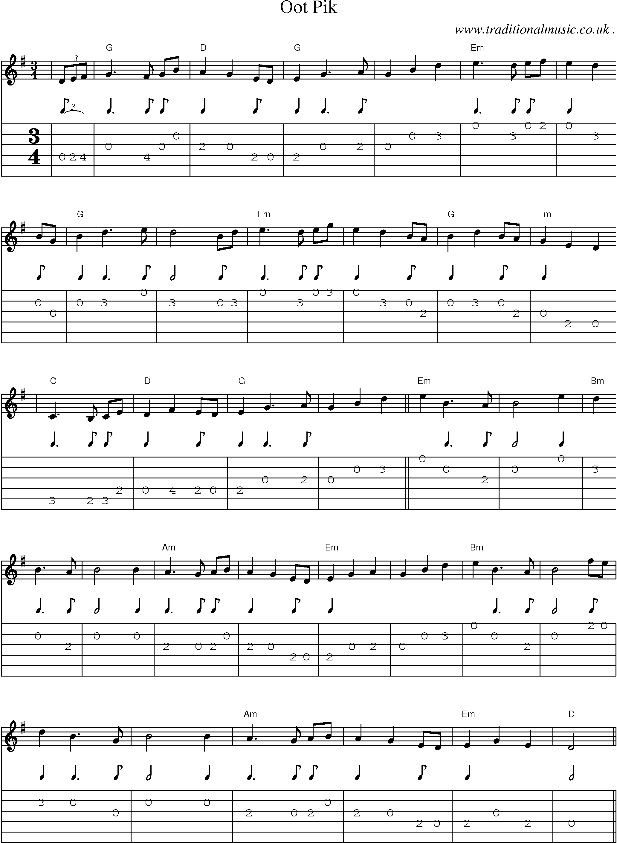 Music Score and Guitar Tabs for Oot Pik