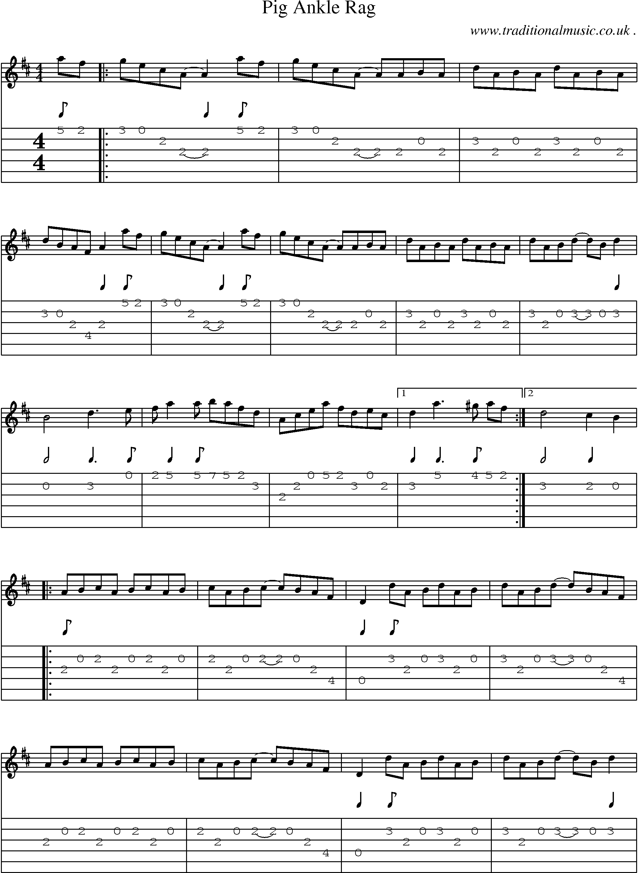 Music Score and Guitar Tabs for Pig Ankle Rag