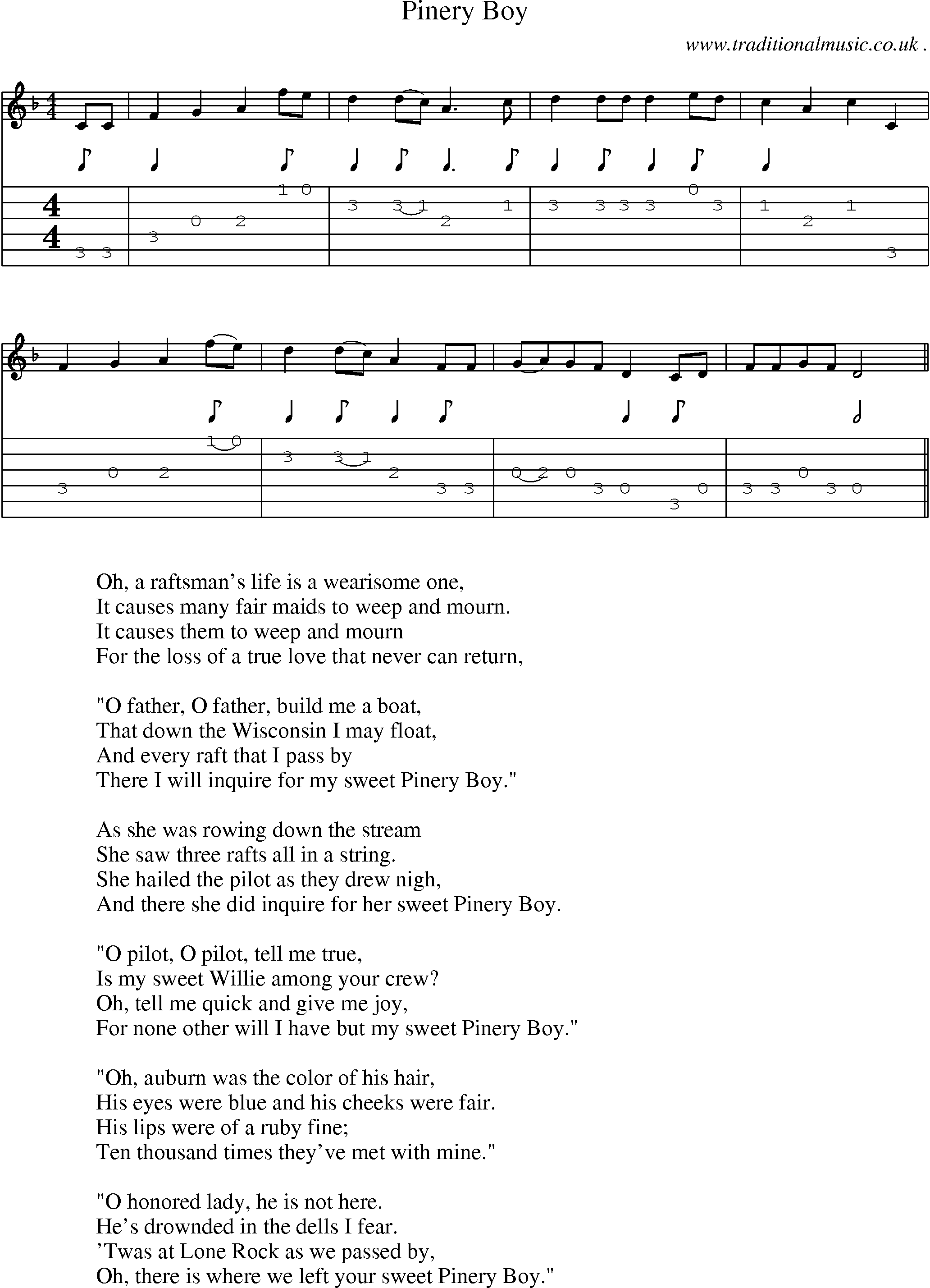 Music Score and Guitar Tabs for Pinery Boy