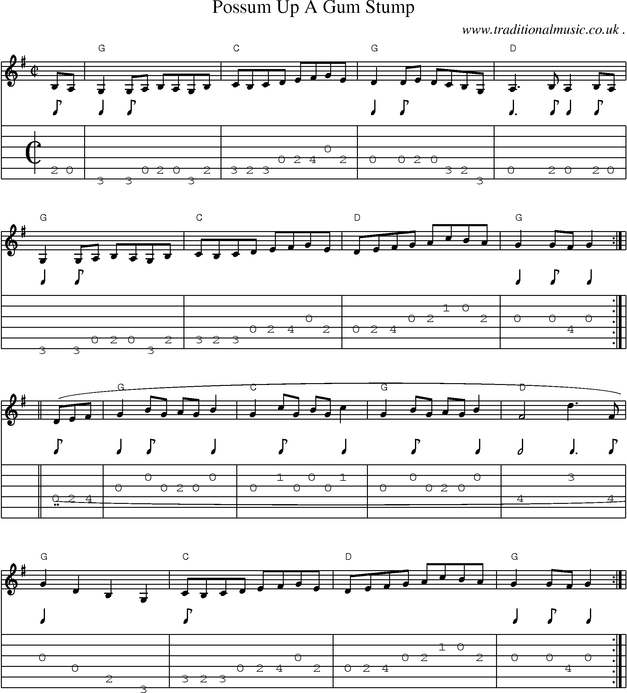Music Score and Guitar Tabs for Possum Up A Gum Stump
