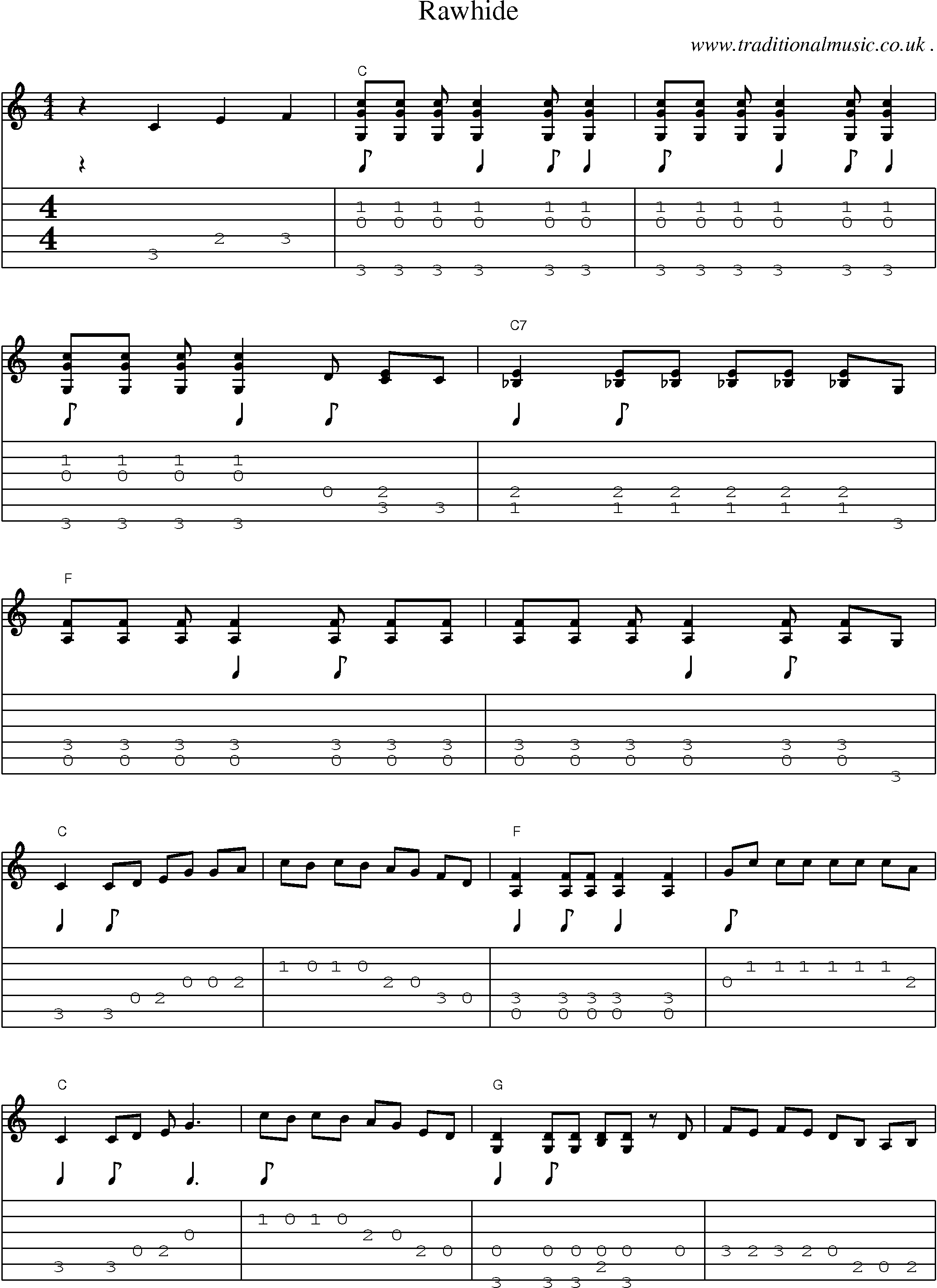 Music Score and Guitar Tabs for Rawhide