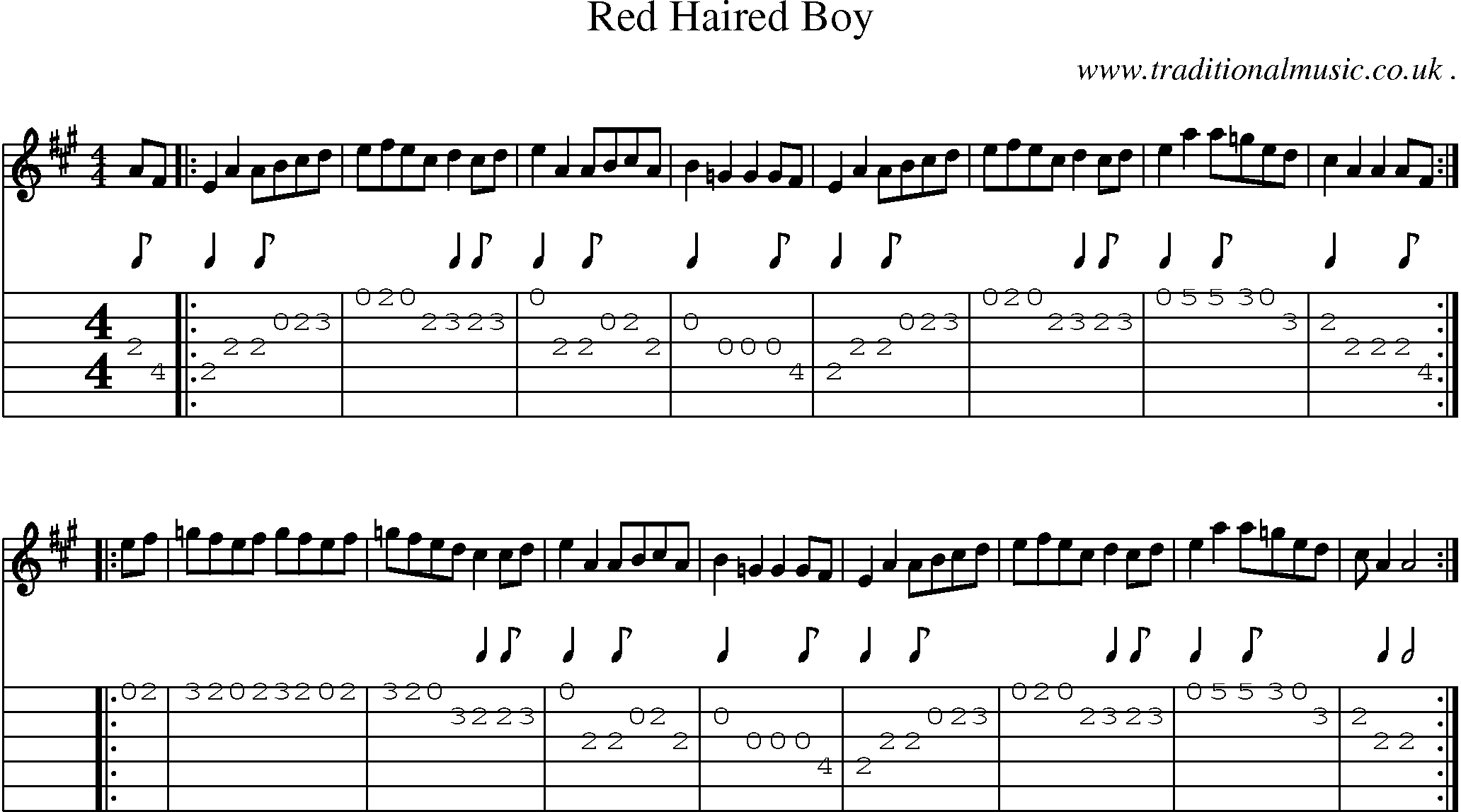 Music Score and Guitar Tabs for Red Haired Boy