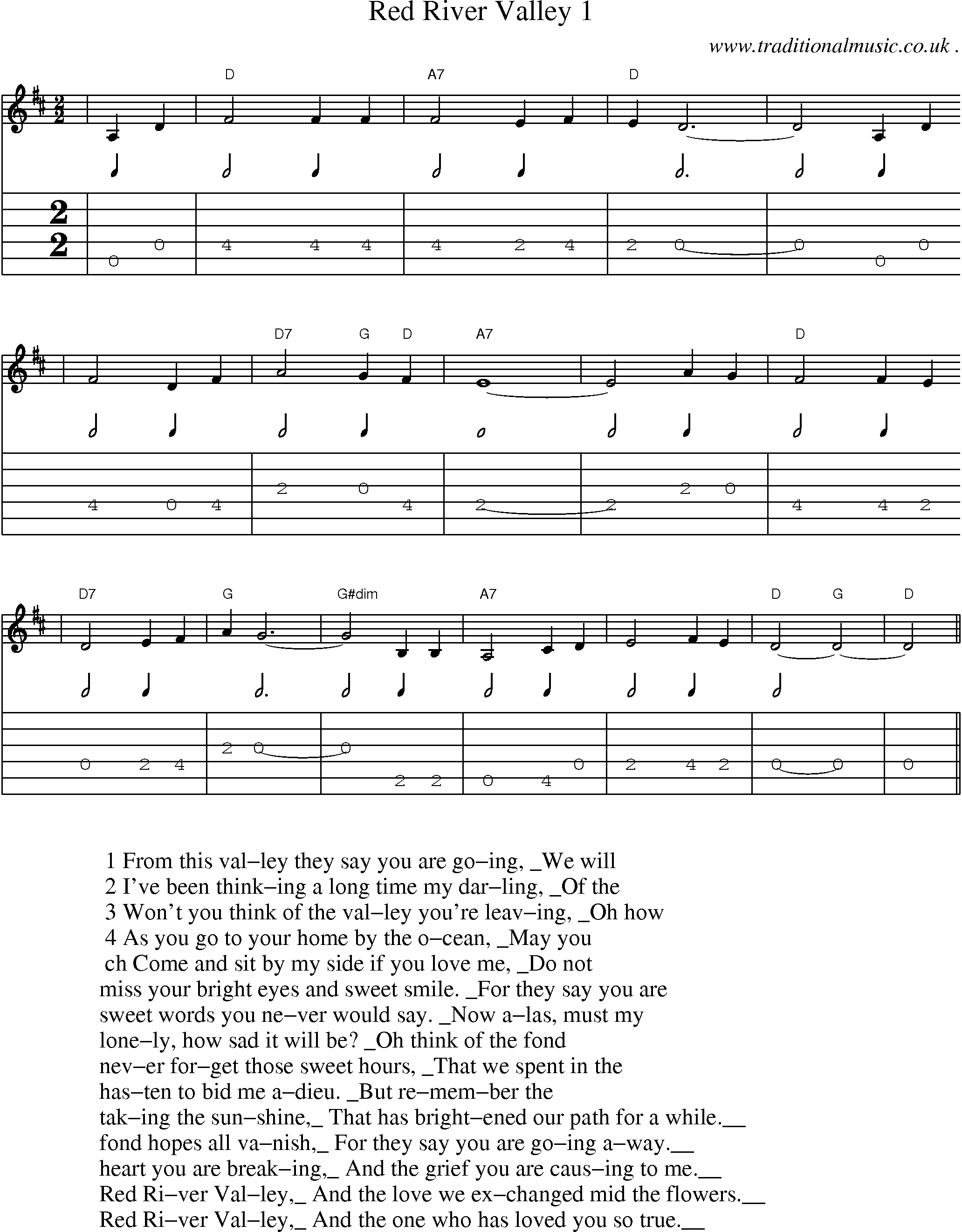 Music Score and Guitar Tabs for Red River Valley 1