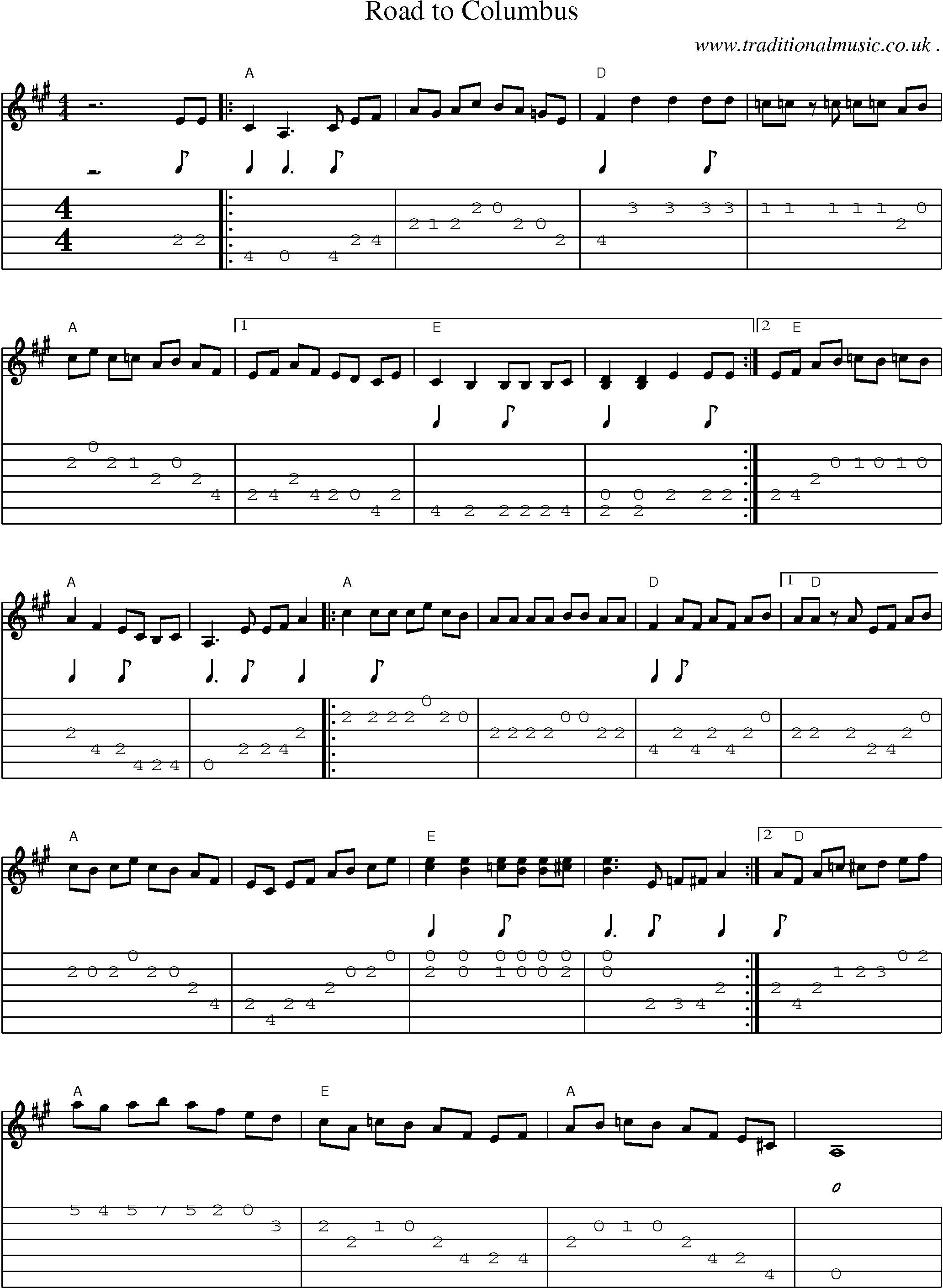 Music Score and Guitar Tabs for Road To Columbus