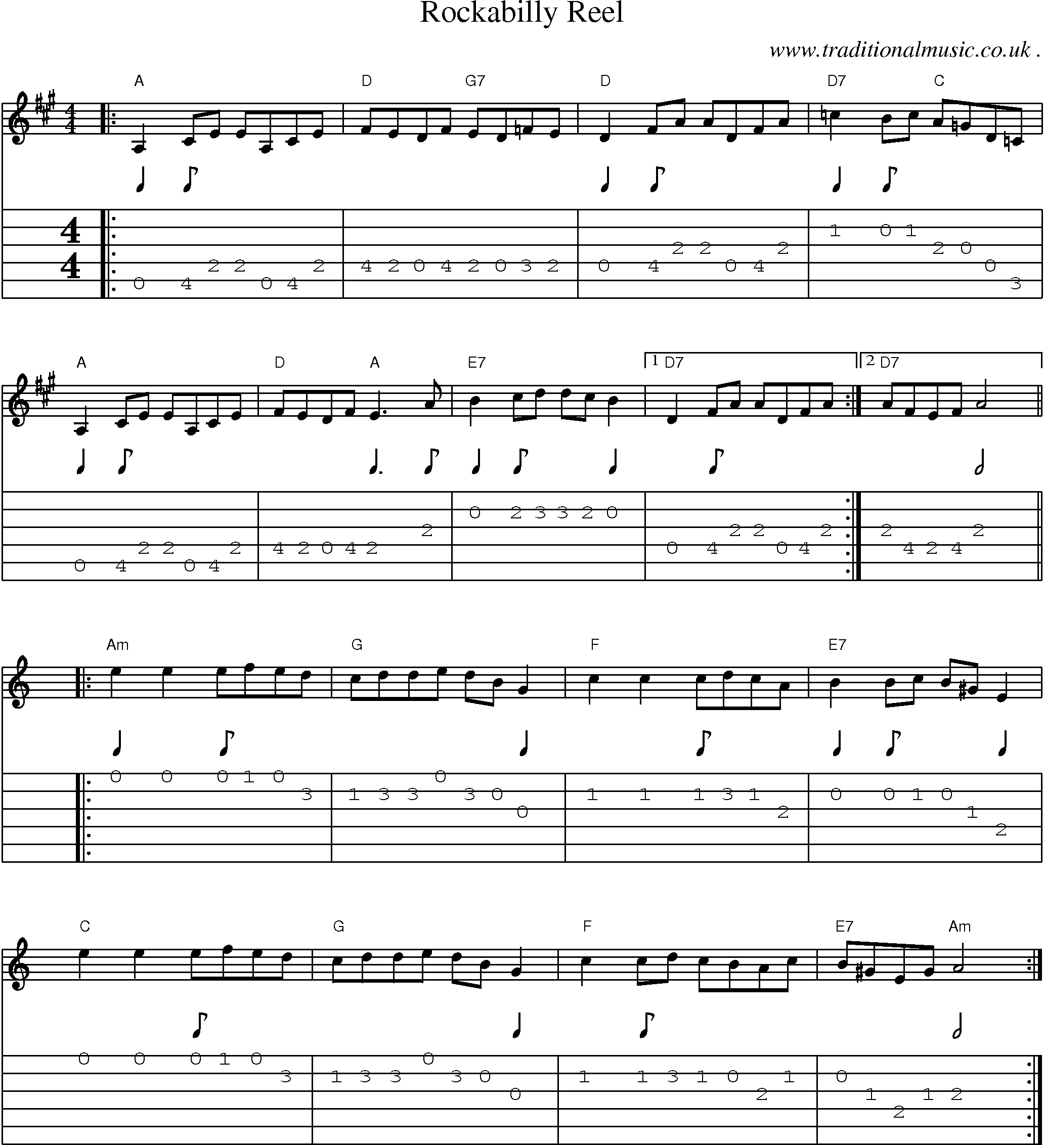 Music Score and Guitar Tabs for Rockabilly Reel