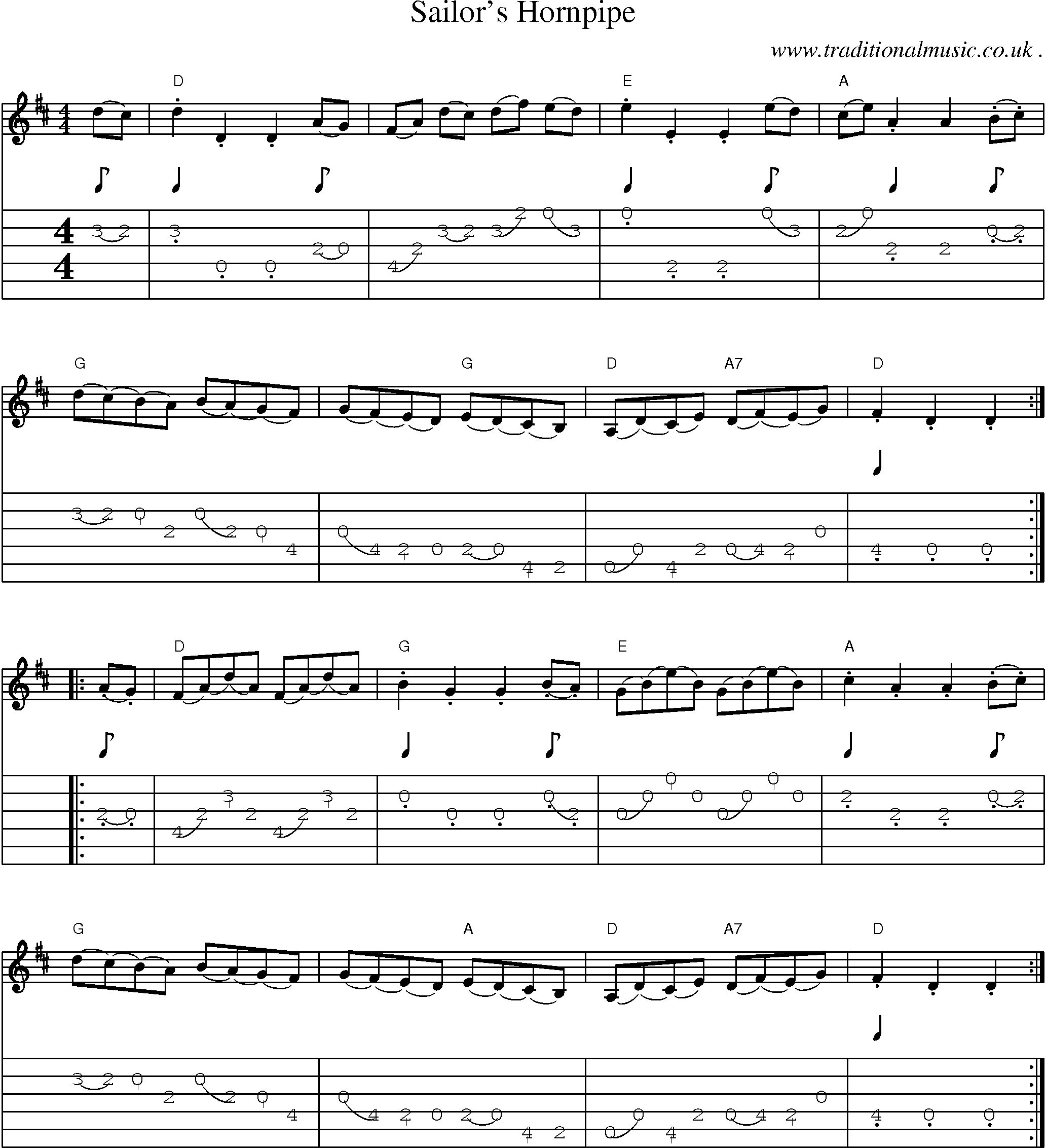 Music Score and Guitar Tabs for Sailors Hornpipe