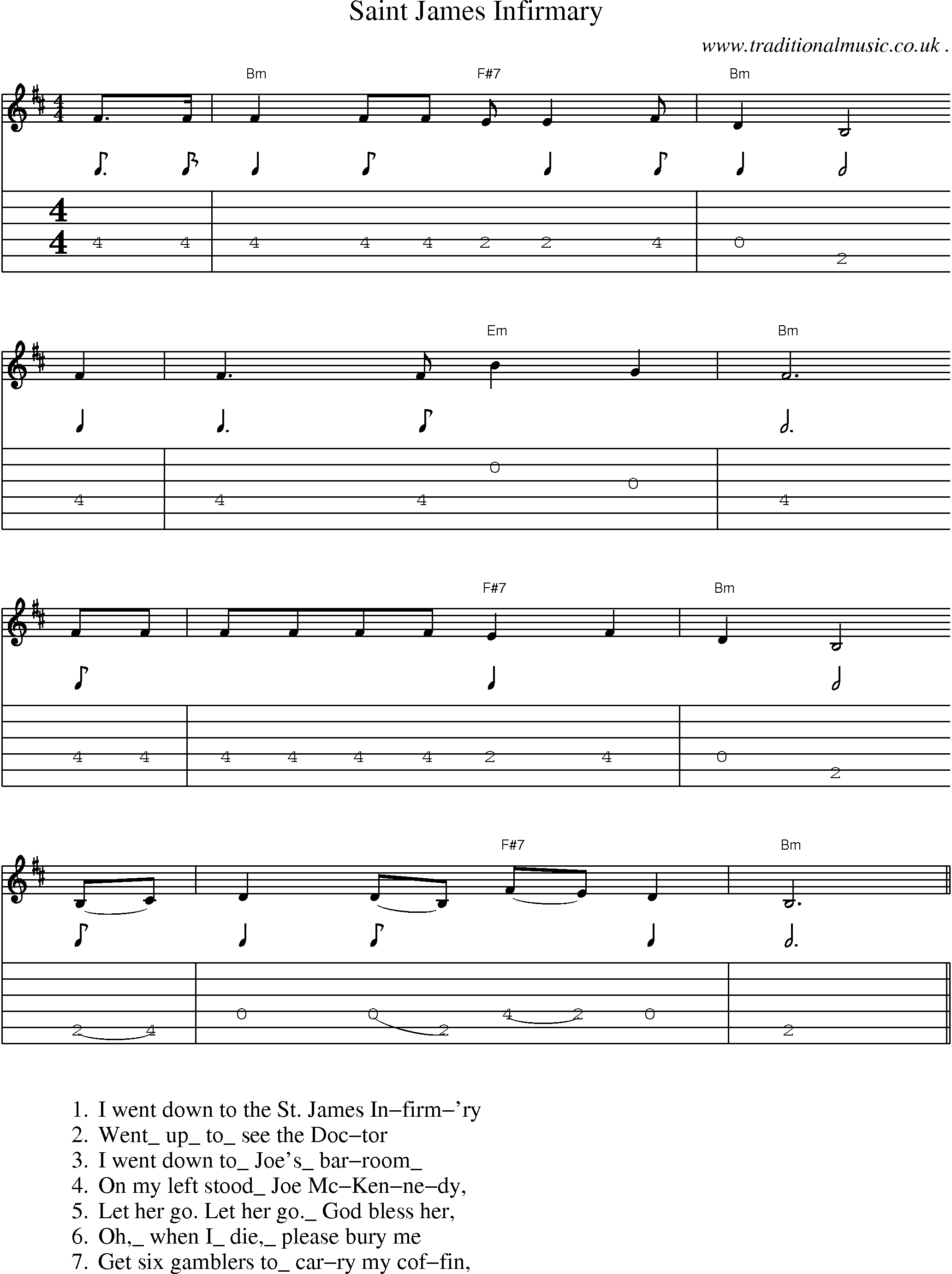 Music Score and Guitar Tabs for Saint James Infirmary