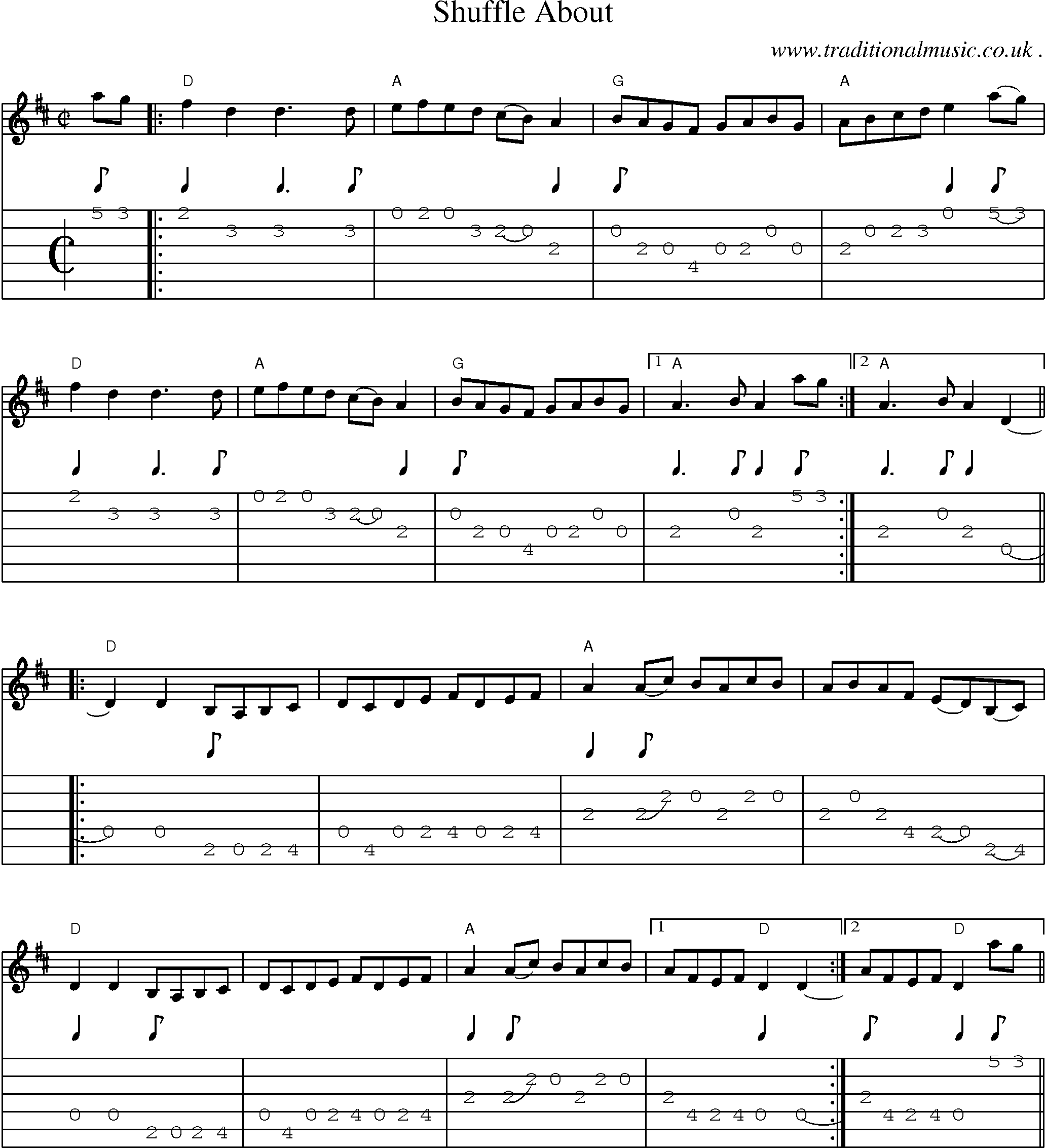 Music Score and Guitar Tabs for Shuffle About