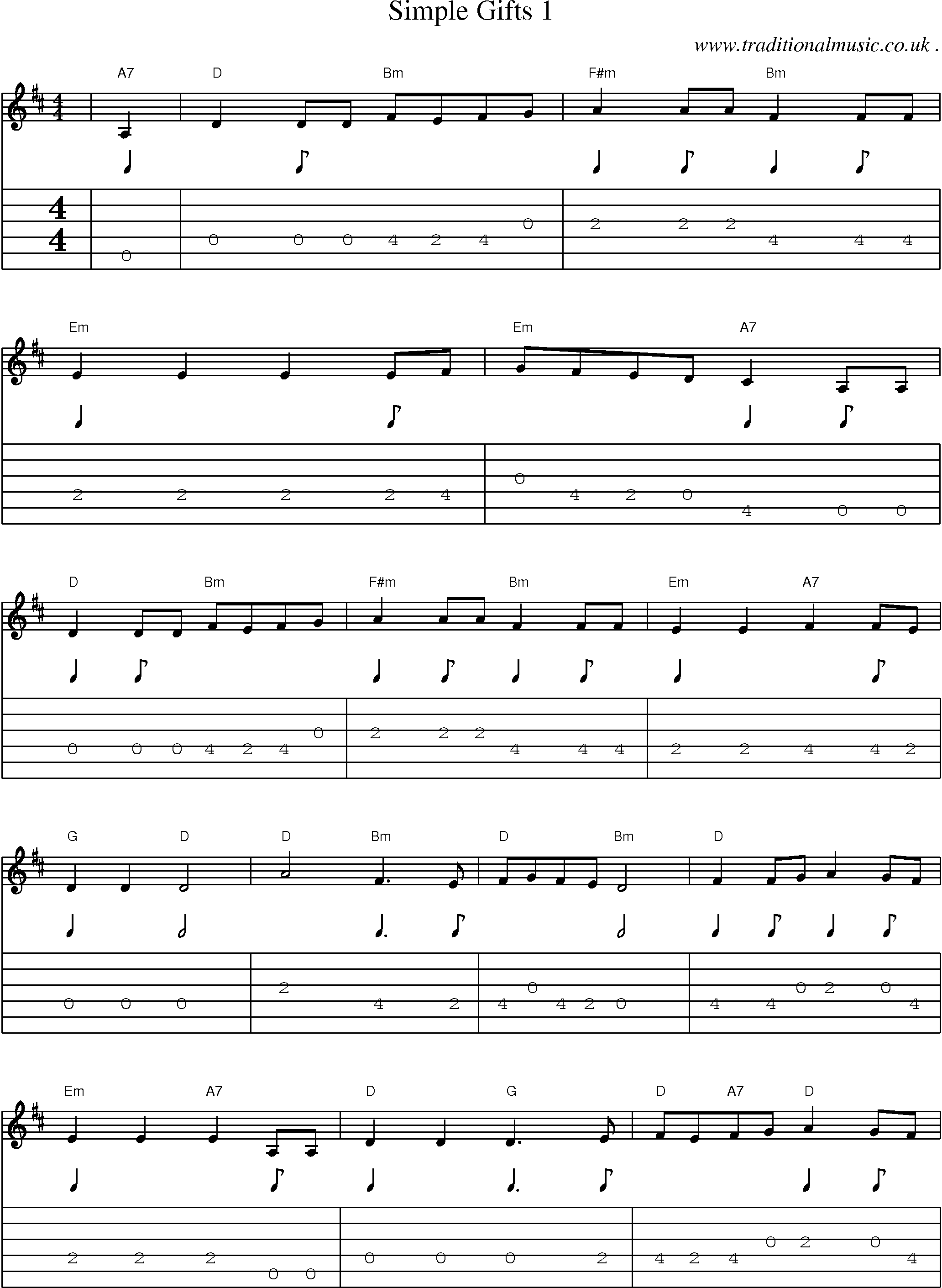 Music Score and Guitar Tabs for Simple Gifts 1