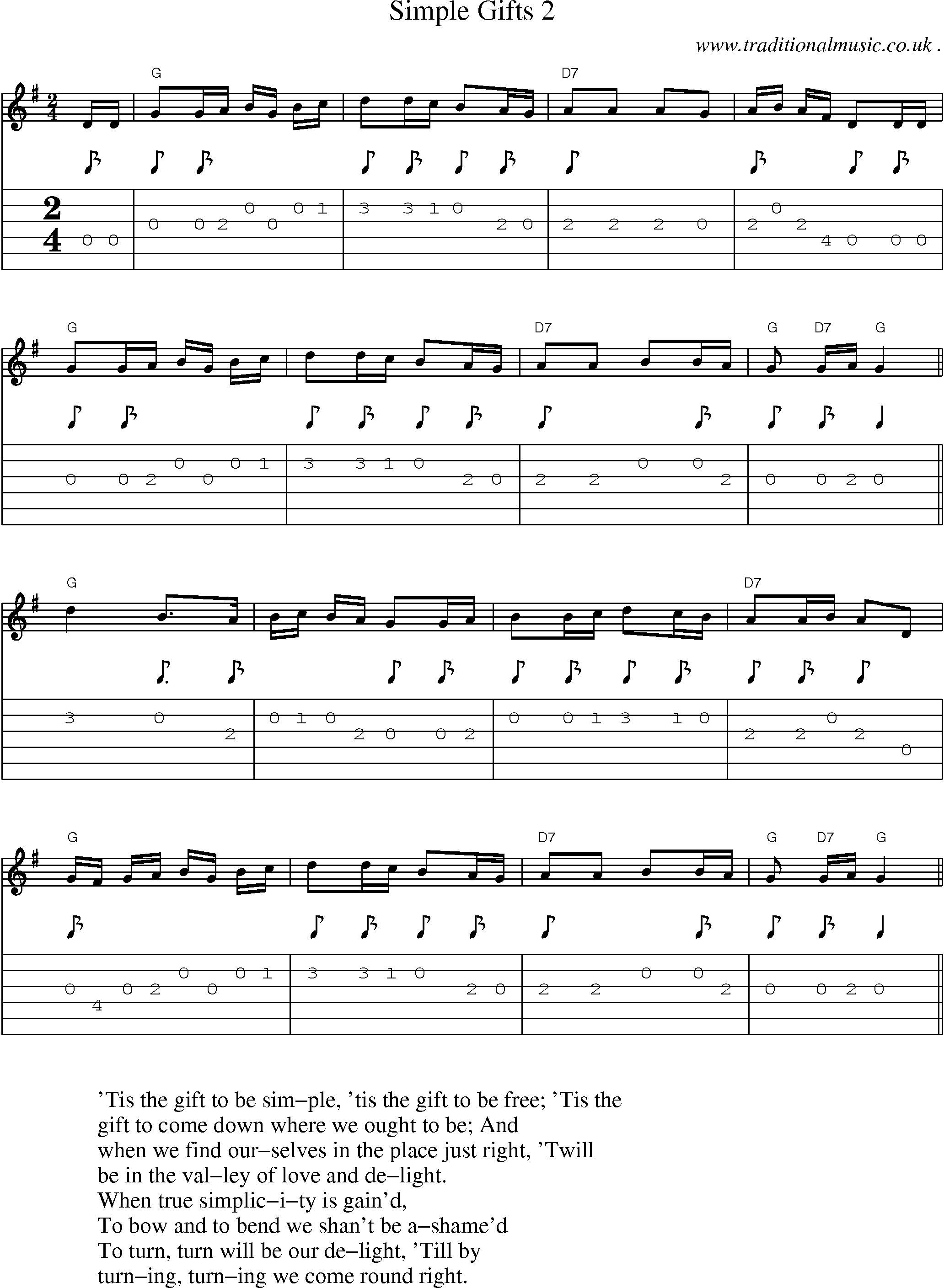 Music Score and Guitar Tabs for Simple Gifts 2