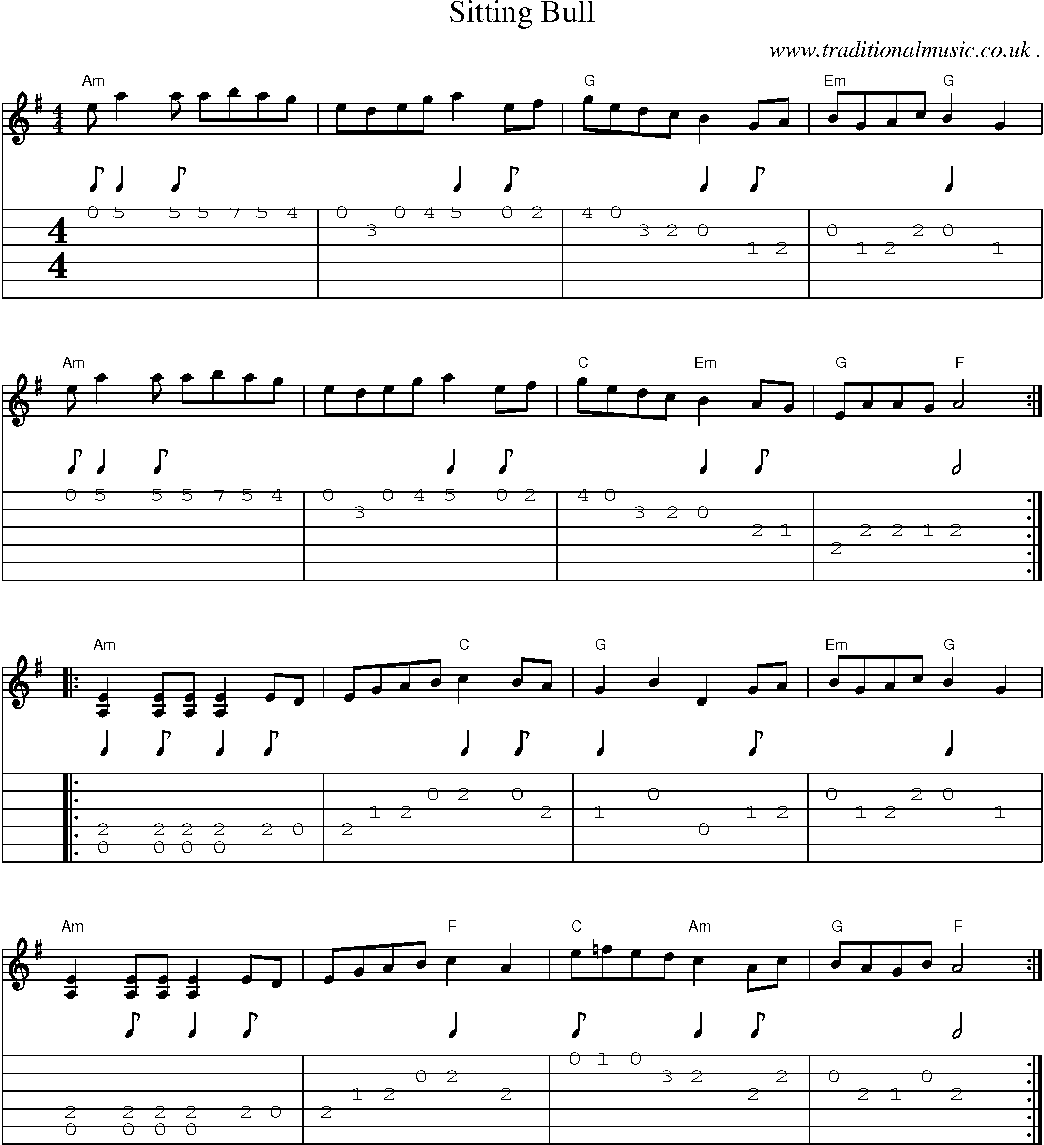 Music Score and Guitar Tabs for Sitting Bull
