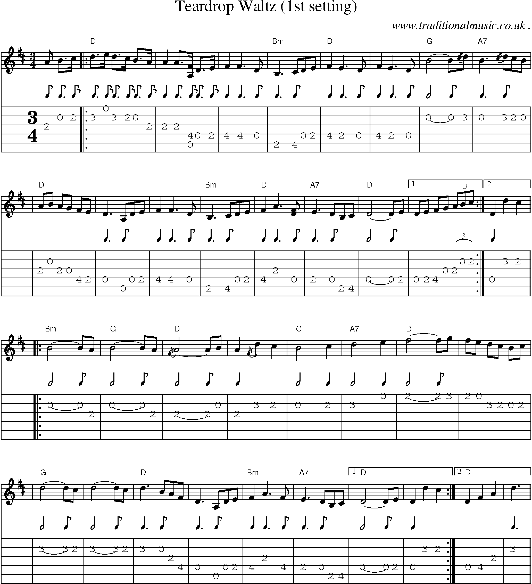 Music Score and Guitar Tabs for Teardrop Waltz (1st Setting)
