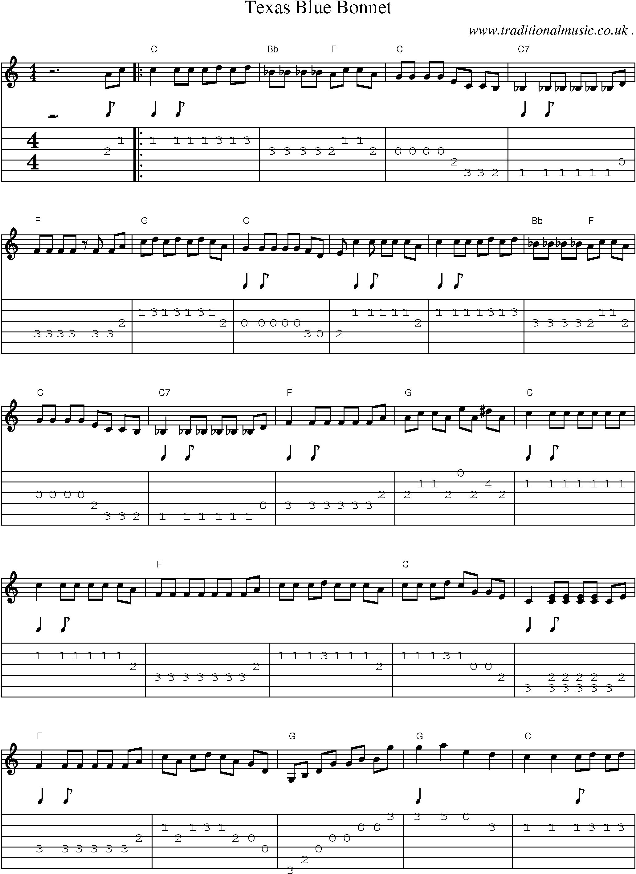 Music Score and Guitar Tabs for Texas Blue Bonnet