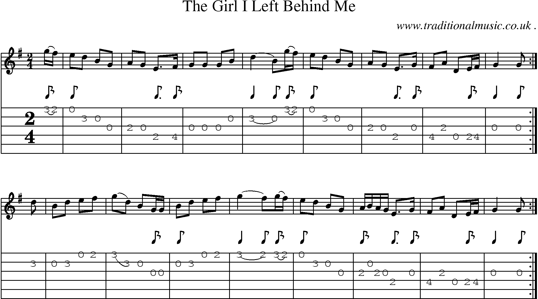 Music Score and Guitar Tabs for The Girl I Left Behind Me