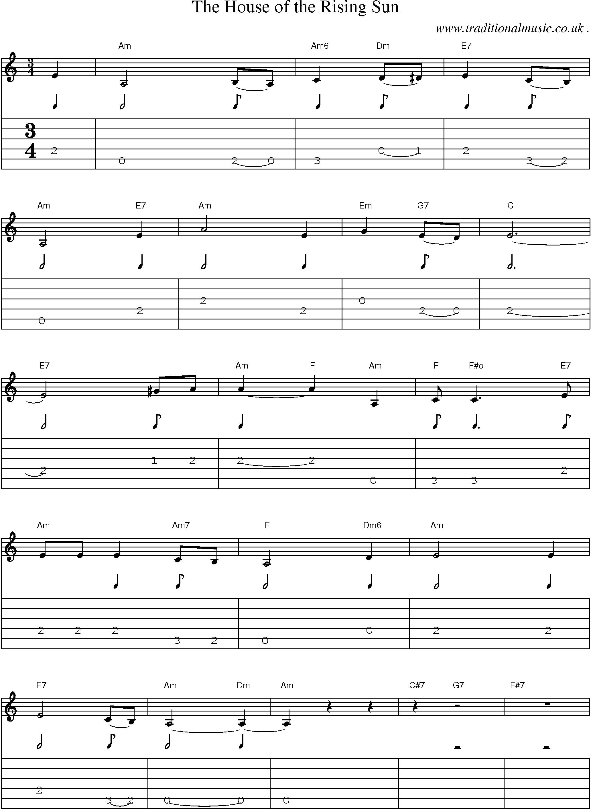 Music Score and Guitar Tabs for The House Of The Rising Sun